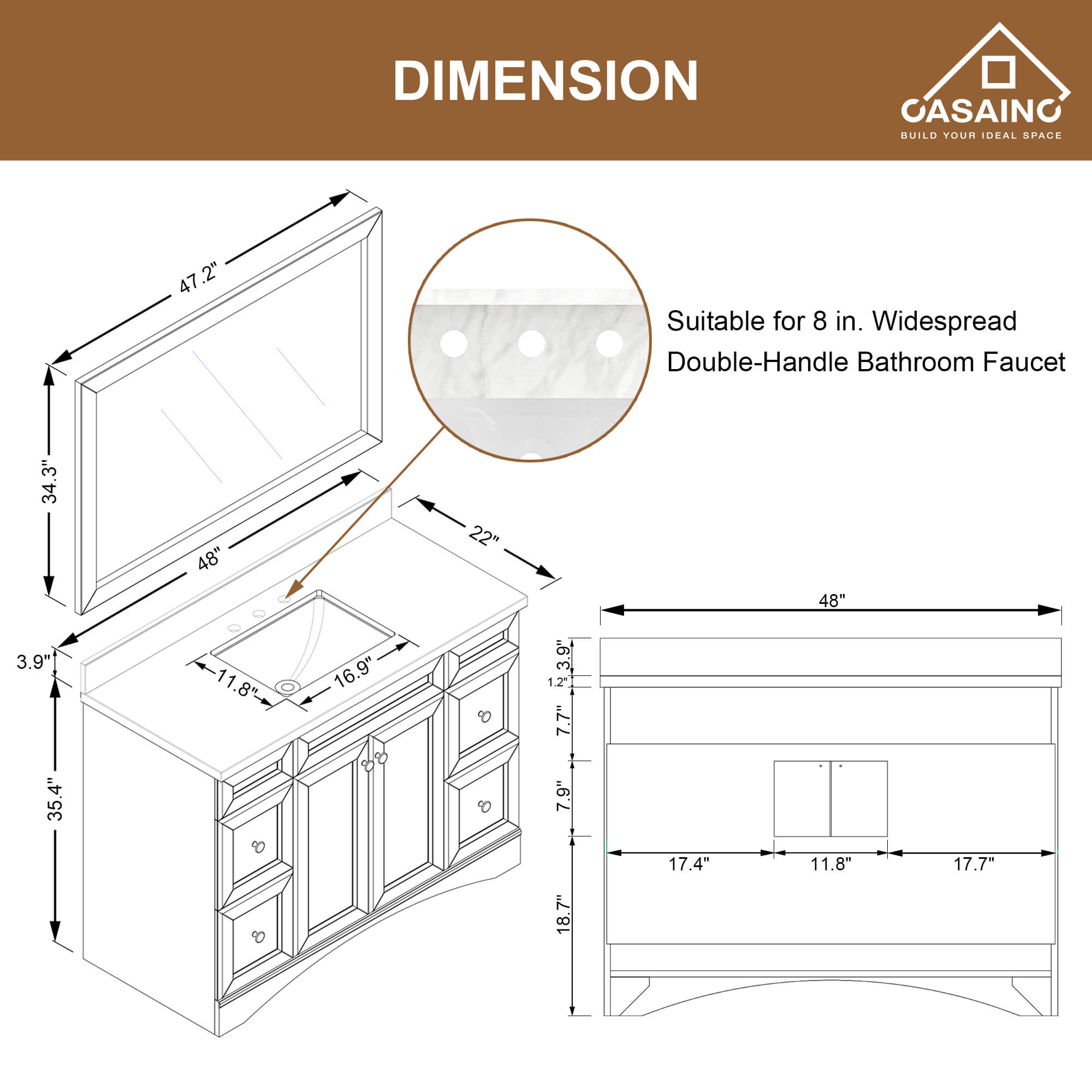 CASAINC 48 x 22 x 35.4 in. Solid Wood Navy Blue Bath Vanity with Carrara White Marble Countertop (No/With Mirror)