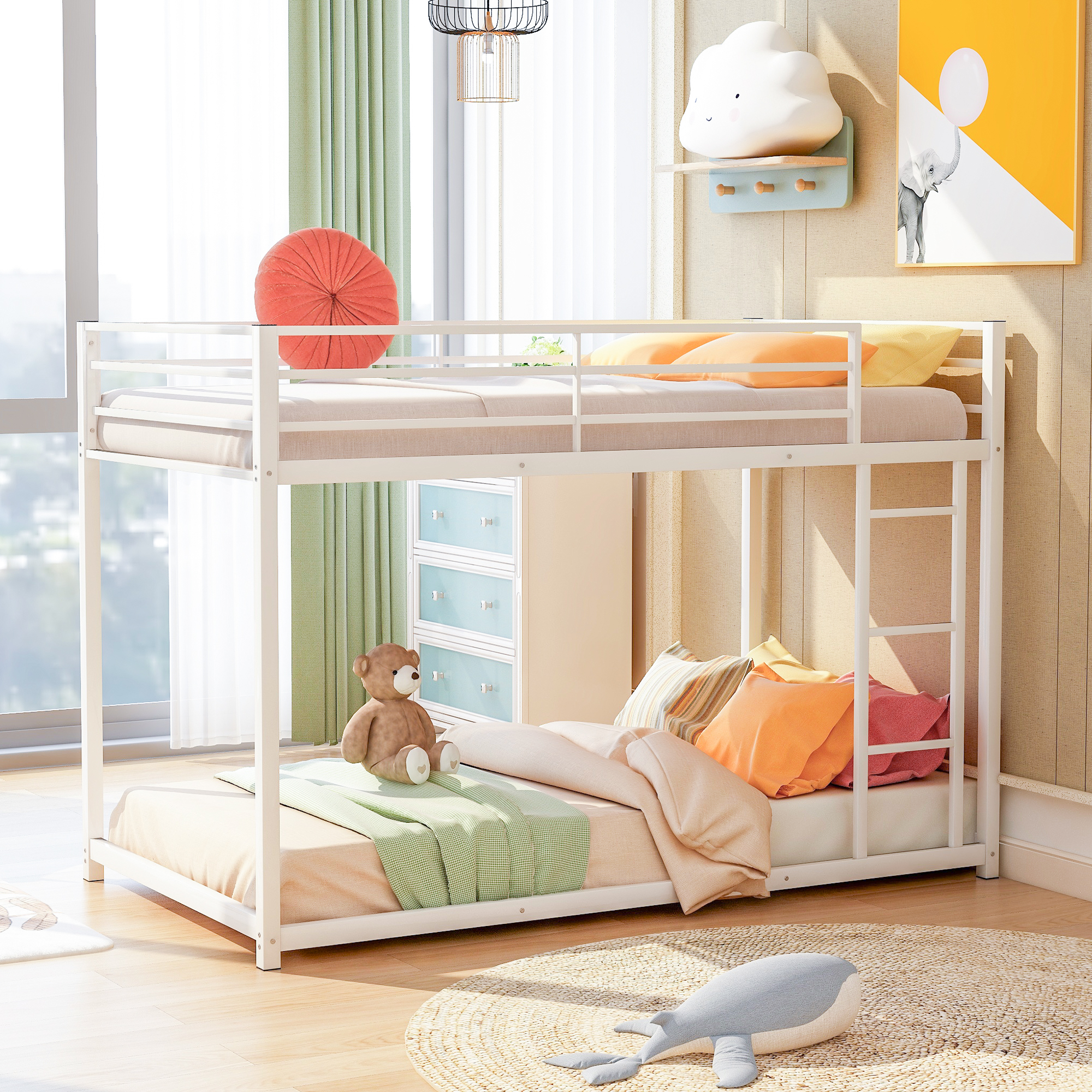 Twin over Twin Metal Bunk Bed, Low Bunk Bed with Ladder,White(OLD SKU:MF197033AAK)(Expected Arrival Time:4.20)-CASAINC