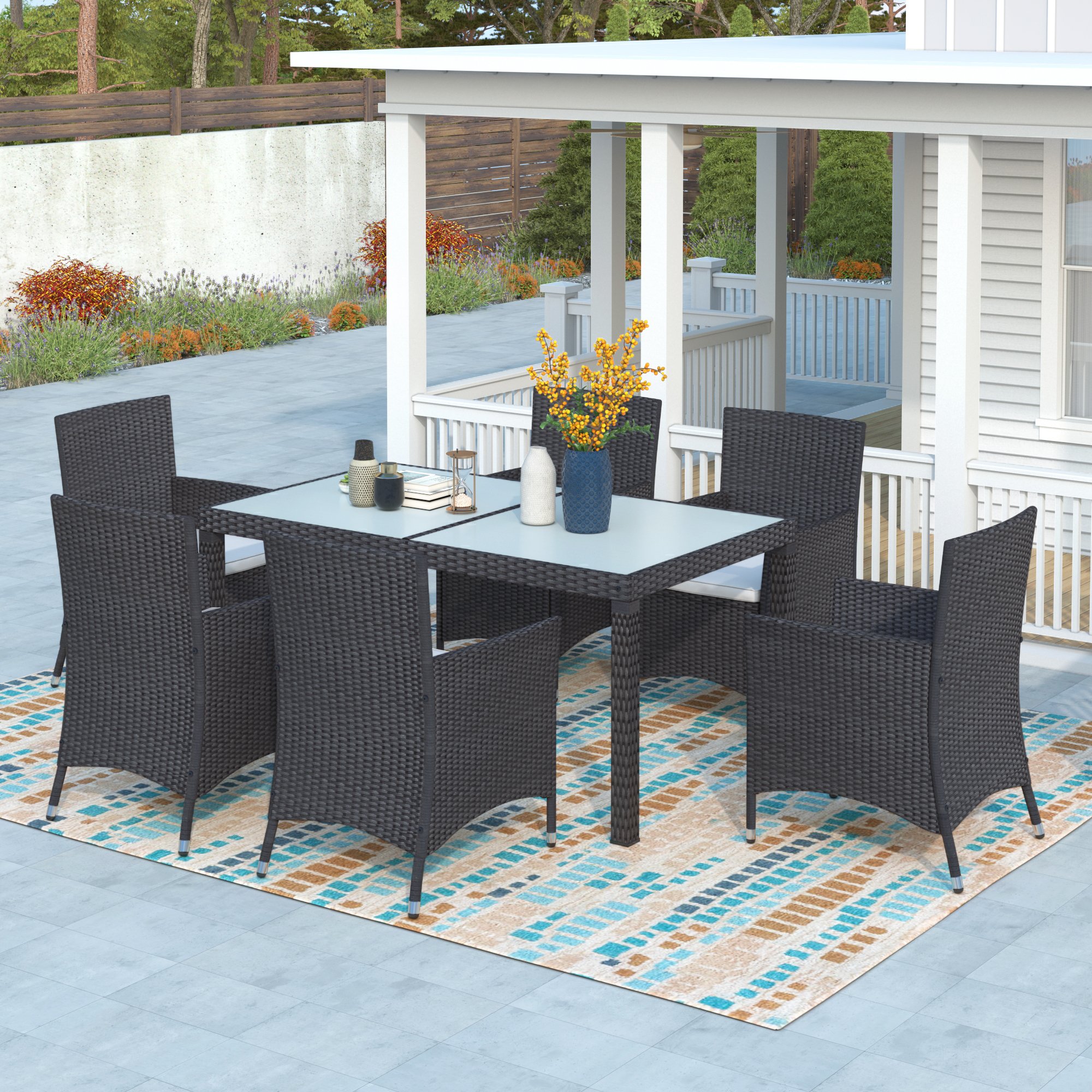 7-piece Outdoor Wicker Dining set - Dining table set for 7 - Patio Rattan Furniture Set with Beige Cushion (Black)-CASAINC