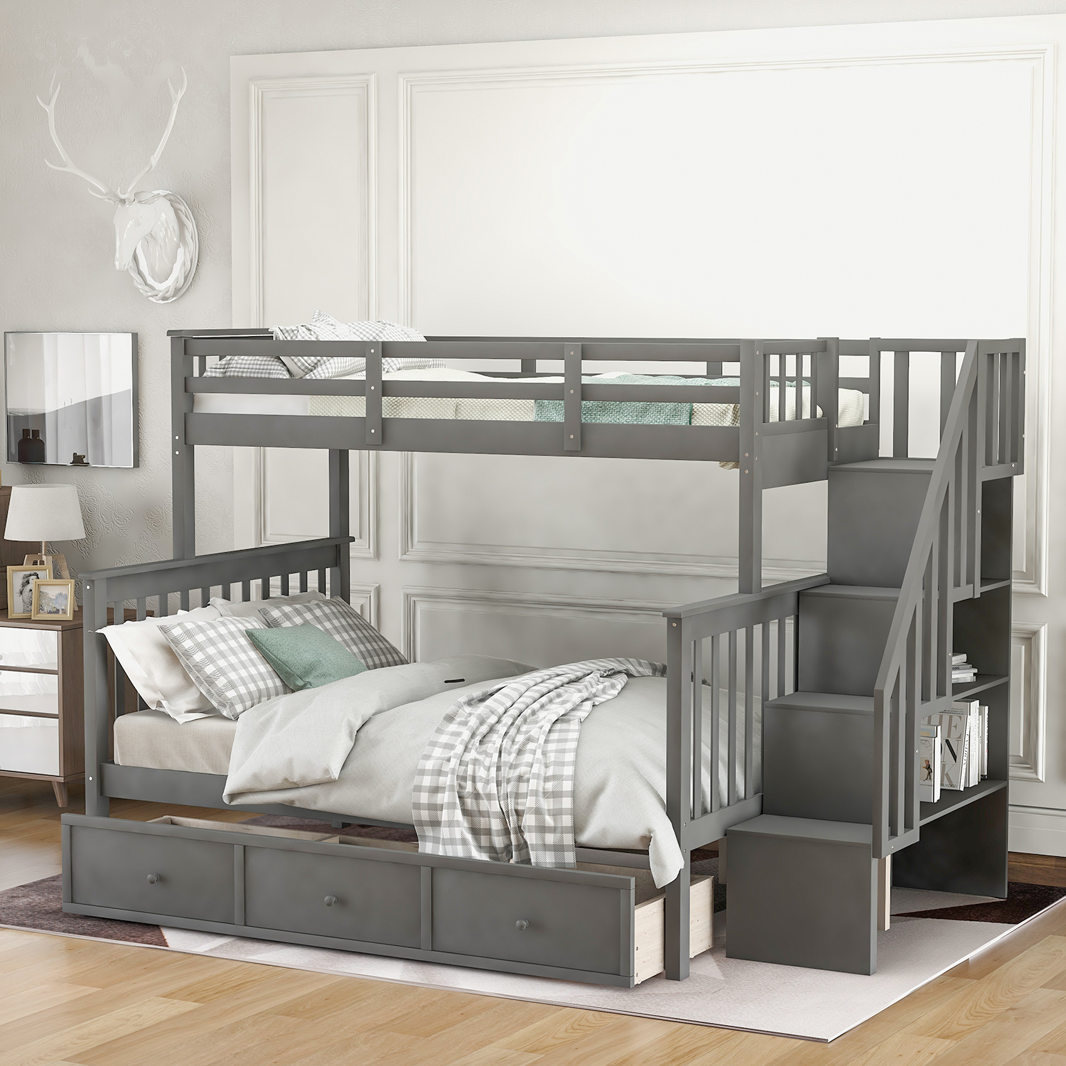 Stairway Twin-Over-Full Bunk Bed with Drawer, Storage and Guard Rail for Bedroom, Dorm, for Adults, Gray color(Old SKU: LP000219AAE)-CASAINC