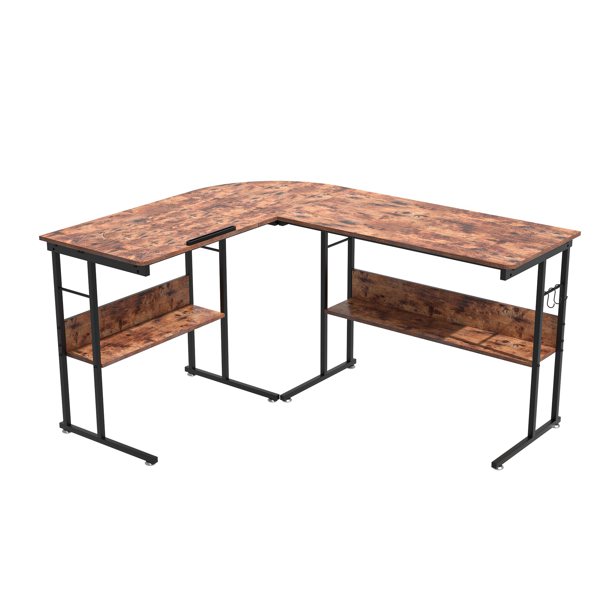 Round-Corner Computer Desk with 3 S-shaped Hooks and Tilting Plate(Brown)-CASAINC