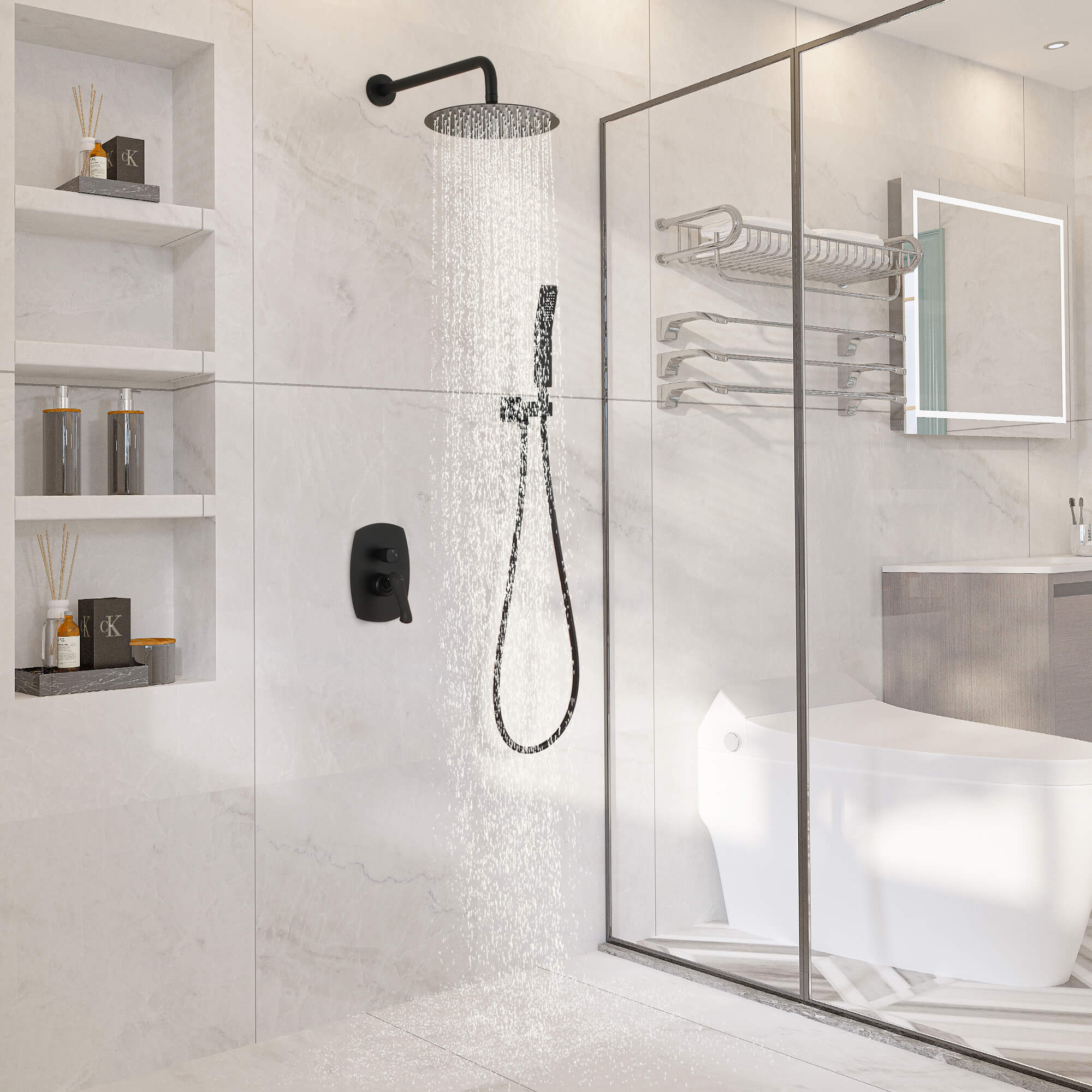 Casainc Matte Black Round Built-in Shower System with Handheld Shower