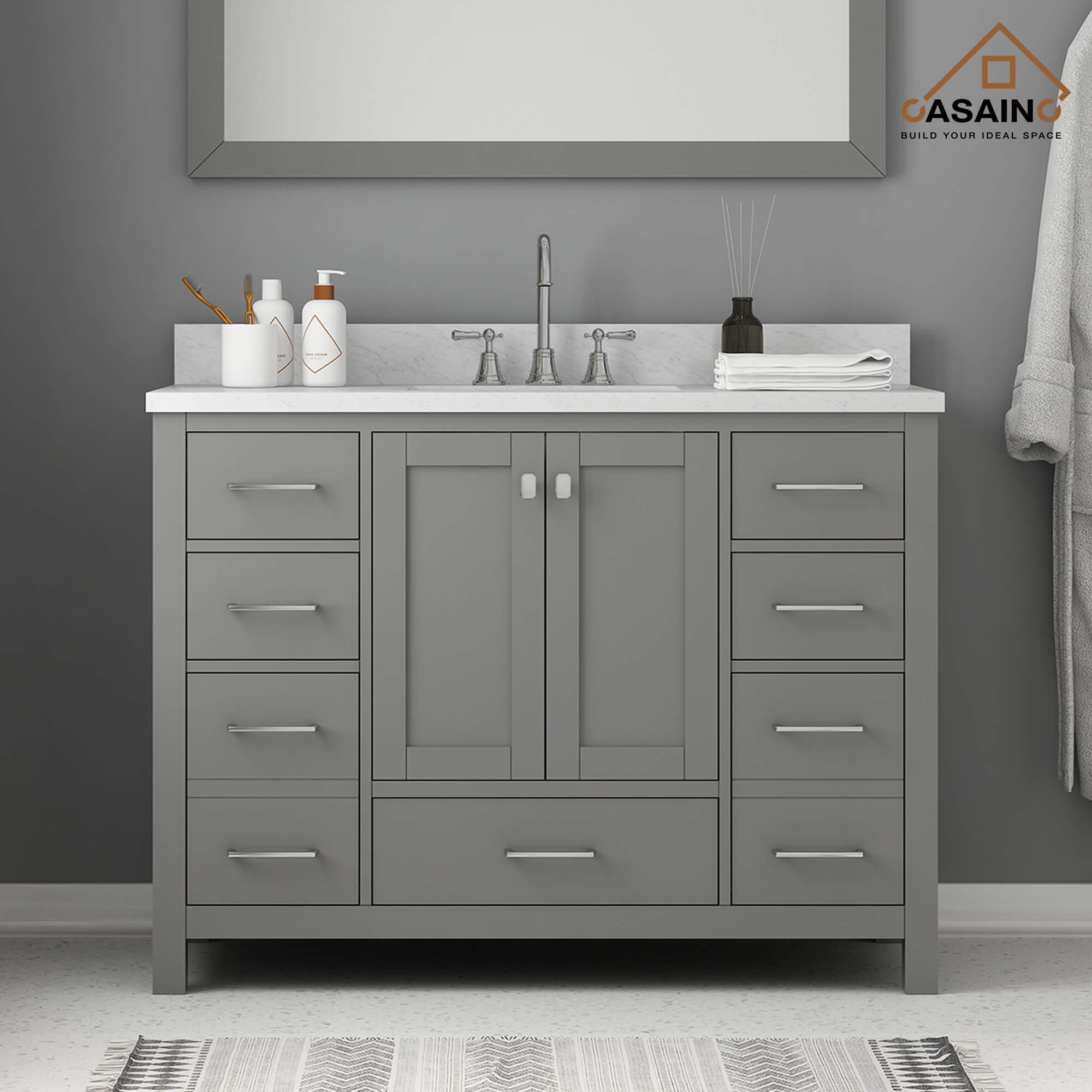 CASAINC 48 x 22 x 35.4 in. Solid Wood Bath Vanity with Carrara White Marble Countertop in Gray/White (No/With Mirror)