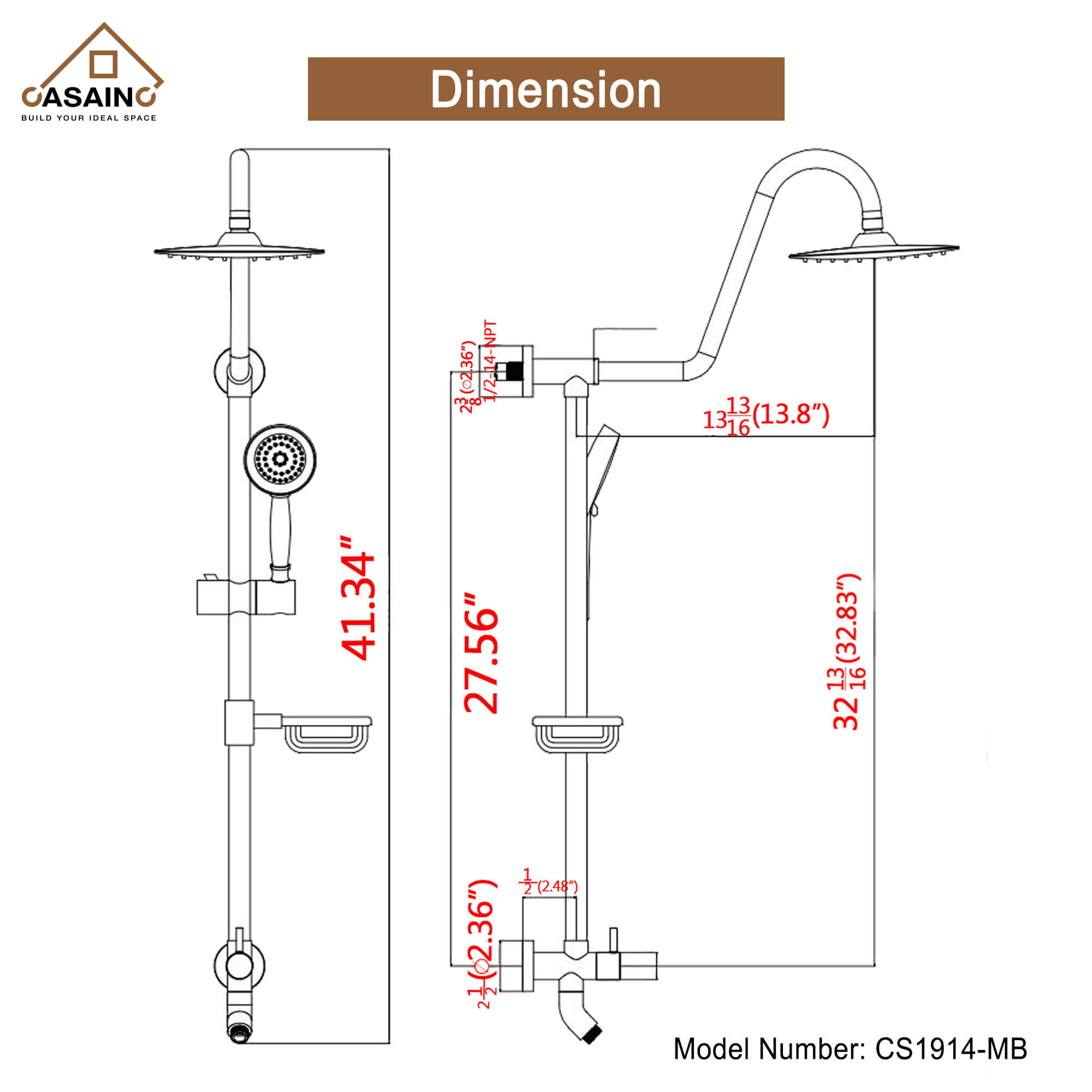 Casainc Matte Black Dual Shower Heads System with 3 Spray Patterns Hand Shower