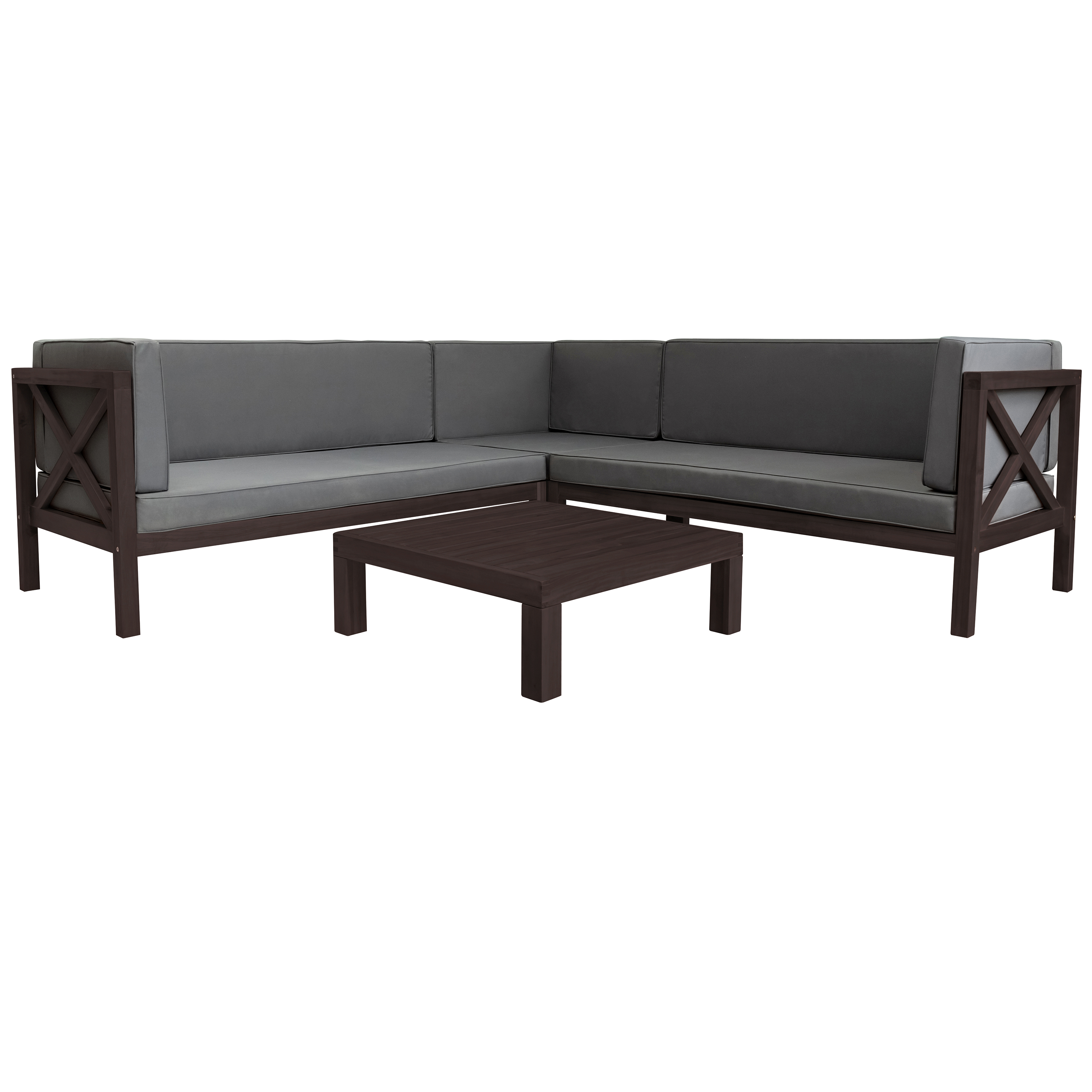  Outdoor Wood Patio Backyard 4-Piece Sectional Seating Group with Cushions and Table X-Back Sofa Set for Small Places, Brown Finish+Gray Cushions-CASAINC