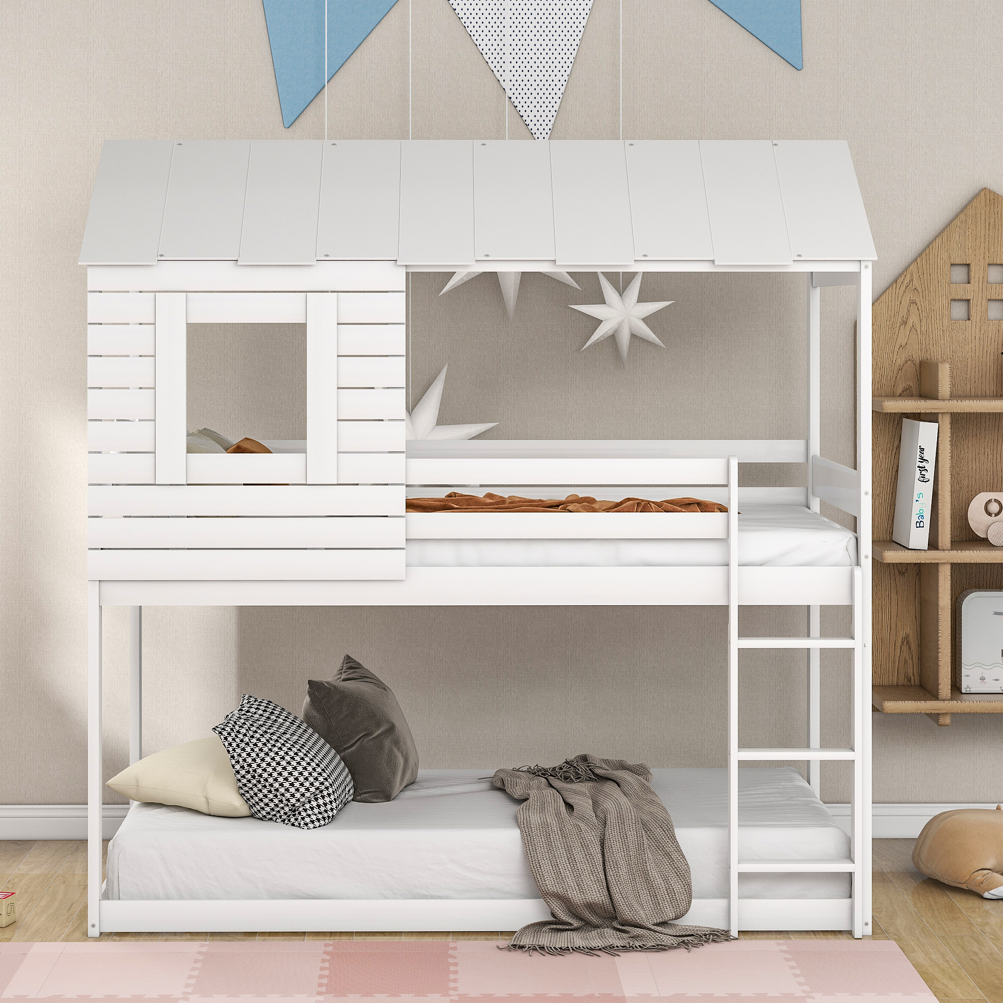 Details about   Wooden Twin Loft Bed W/ Storage Shelves Kids Child Bedroom Bookcase Ladder White 