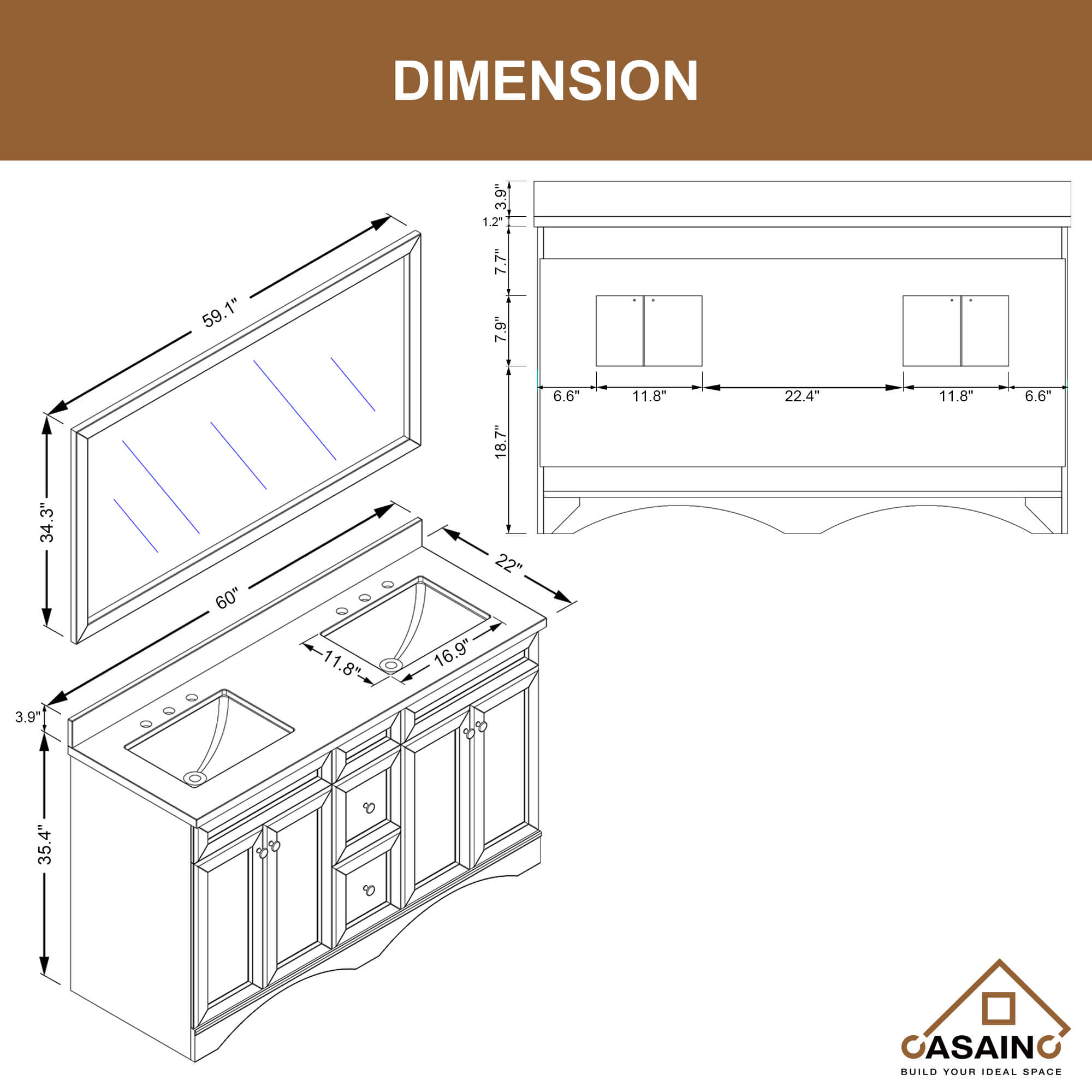 CASAINC 60 x 22 x 35.4 in. Solid Wood Bath Vanity with Marble Top and Backsplash in Gray/White (No/With Mirror)