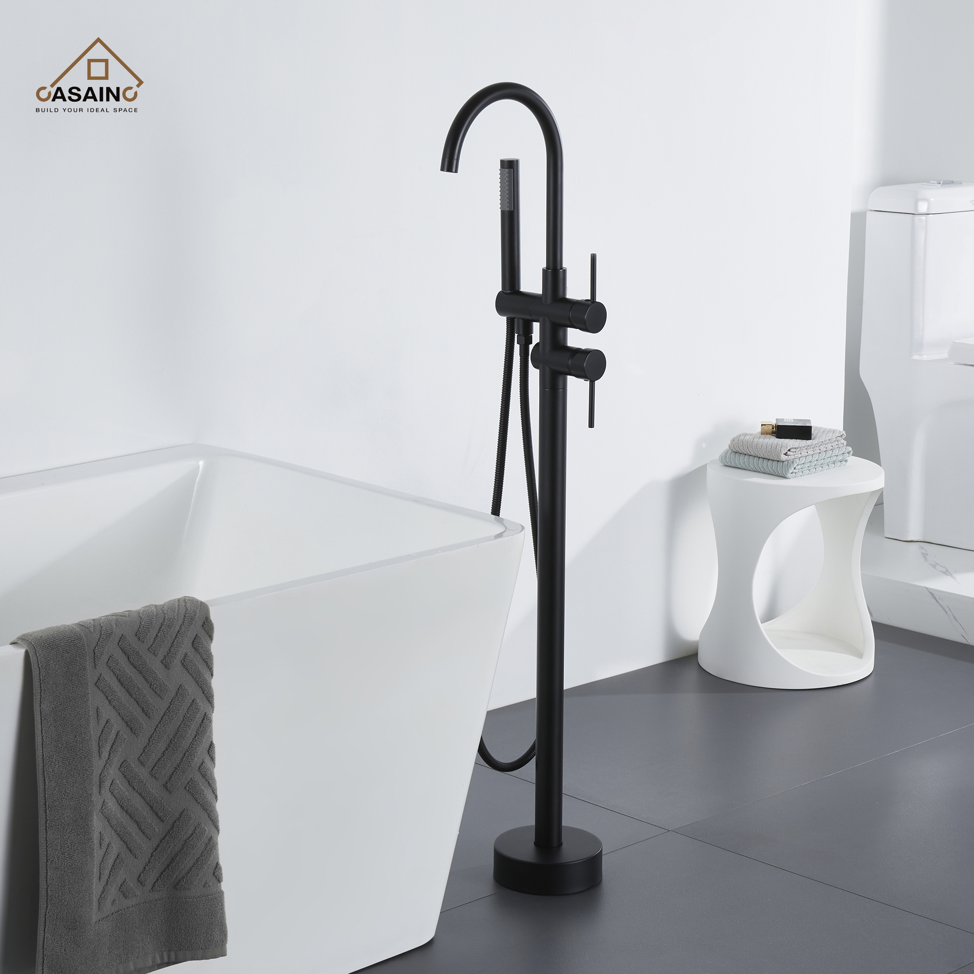 CASAINC Double-Handles Floor-Mount Freestanding Tub Filler with Handshower