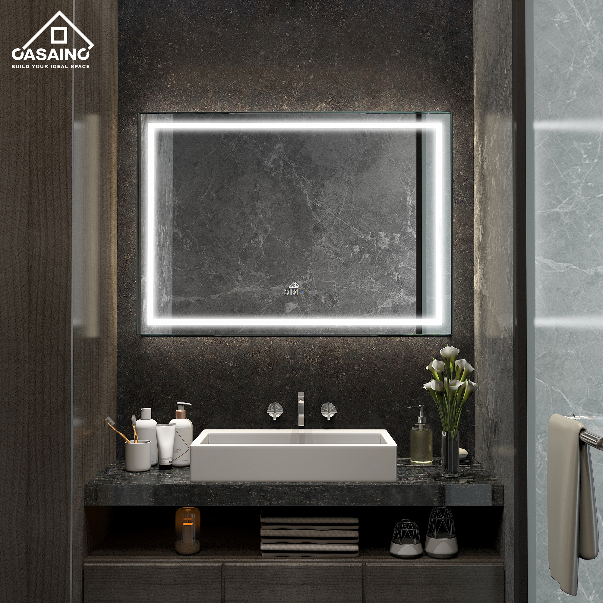 CASAINC Wall Mounted Modern LED Bathroom Mirror, Dimmable and Anti-Fog (48-in L × 36-in W)