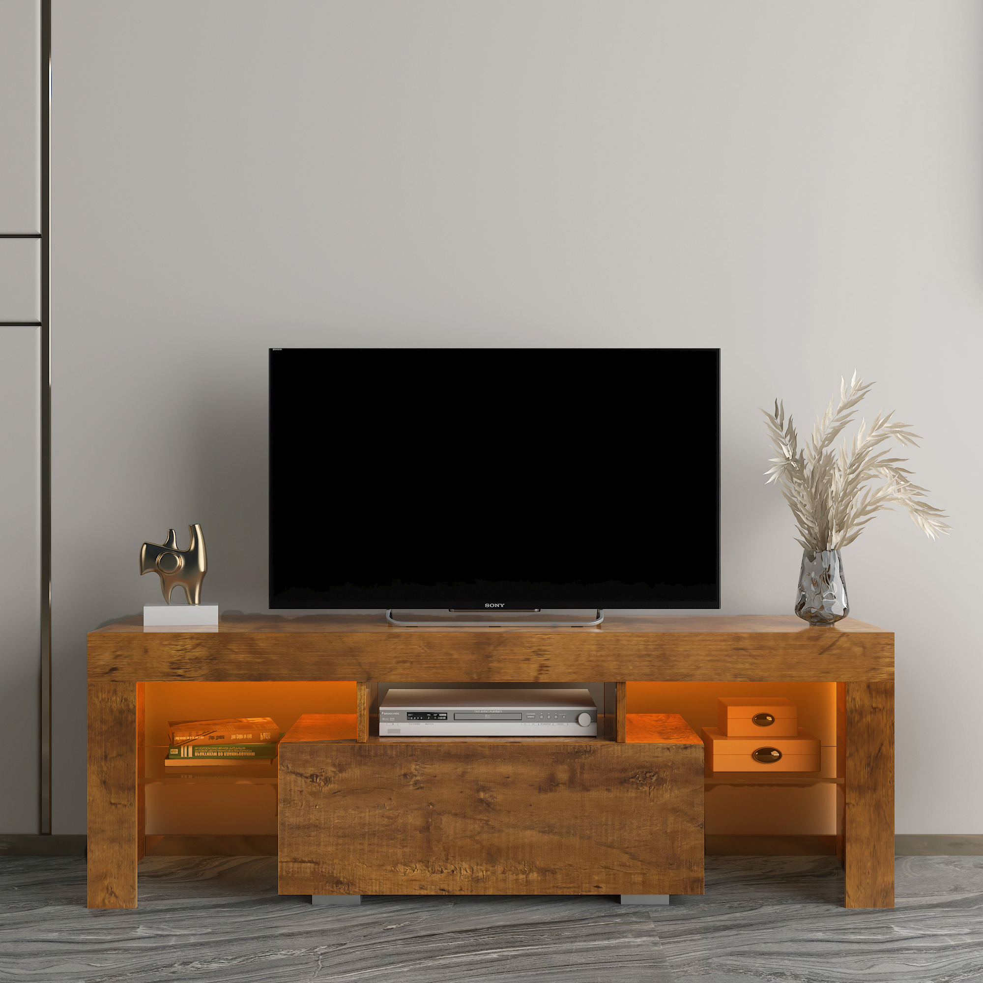 TV Stand with LED RGB Lights,Flat Screen TV Cabinet, Gaming Consoles - in Lounge Room, Living Room,FIR WOOD-CASAINC