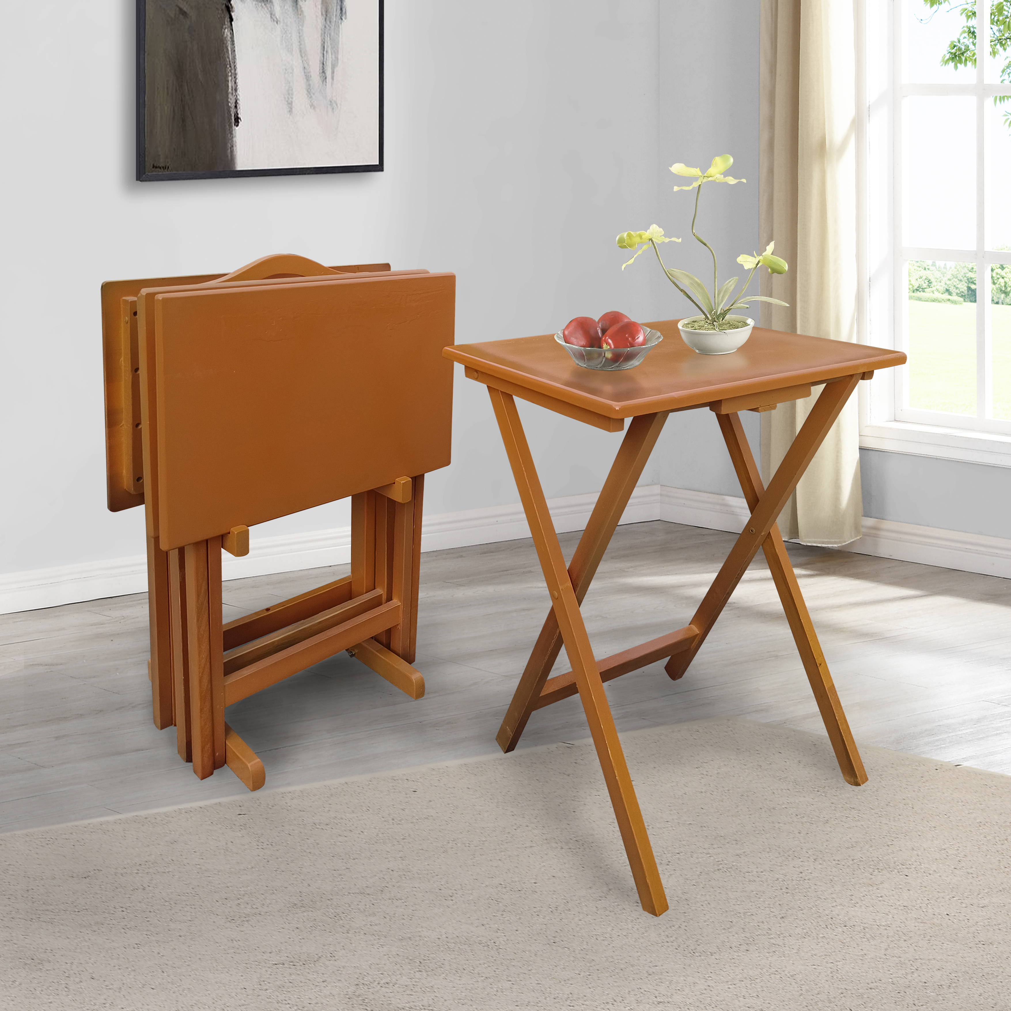 Folding Trays with Storage Rack,Snack Table - Set of 4，Chestnut
