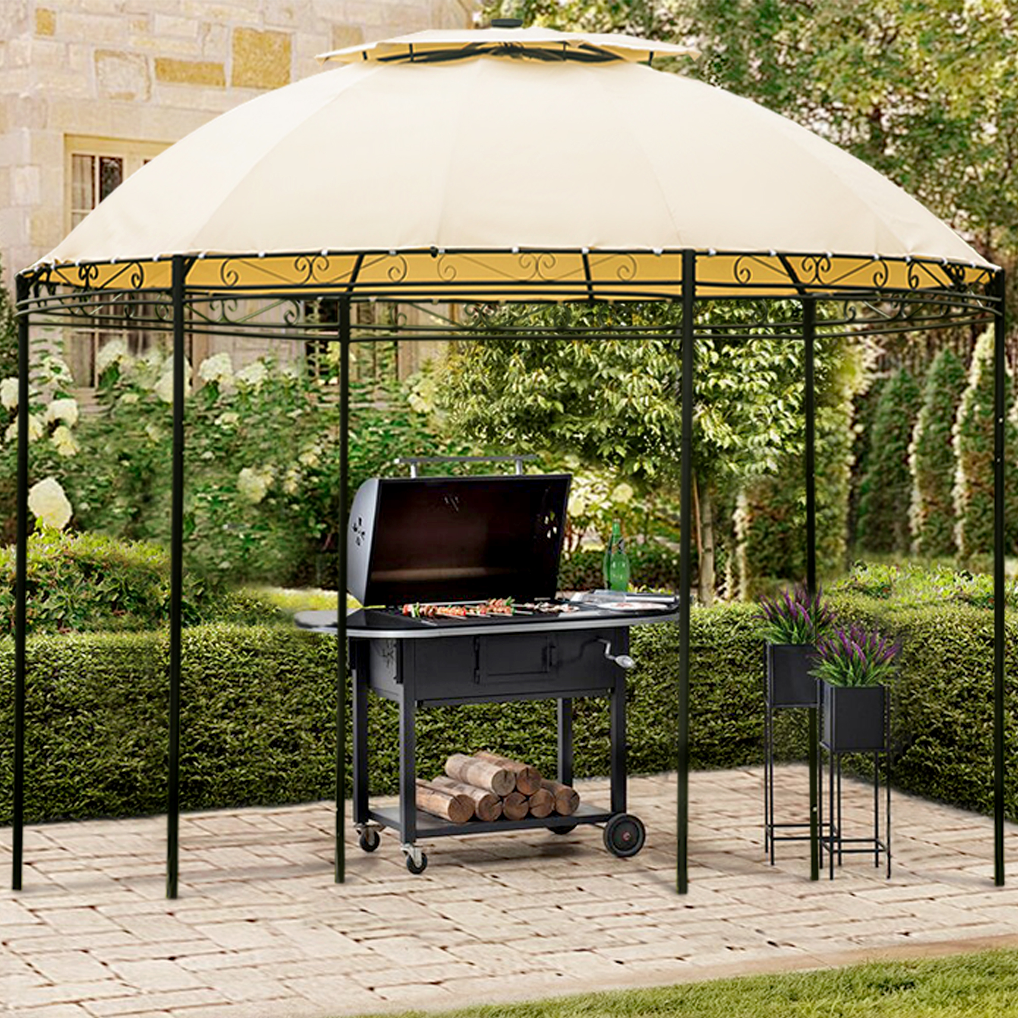[VIDEO provided] U-style Outdoor Gazebo Steel Fabric Round Soft Top Gazebo，Outdoor Patio Dome Gazebo with Removable Curtains-CASAINC