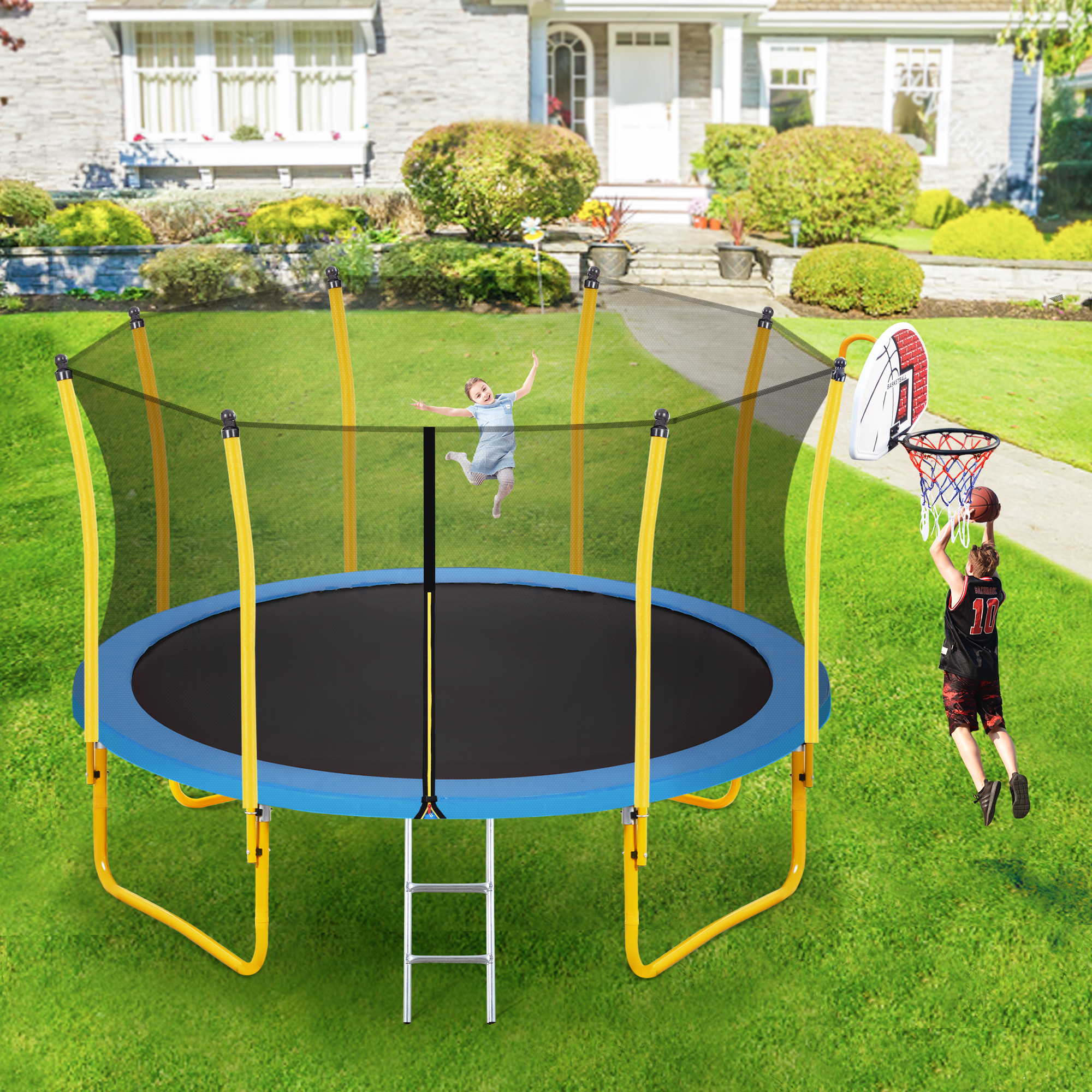 12FT Trampoline for Kids with Safety Enclosure Net, Basketball Hoop and Ladder, Easy Assembly Round Outdoor Recreational Trampoline-CASAINC