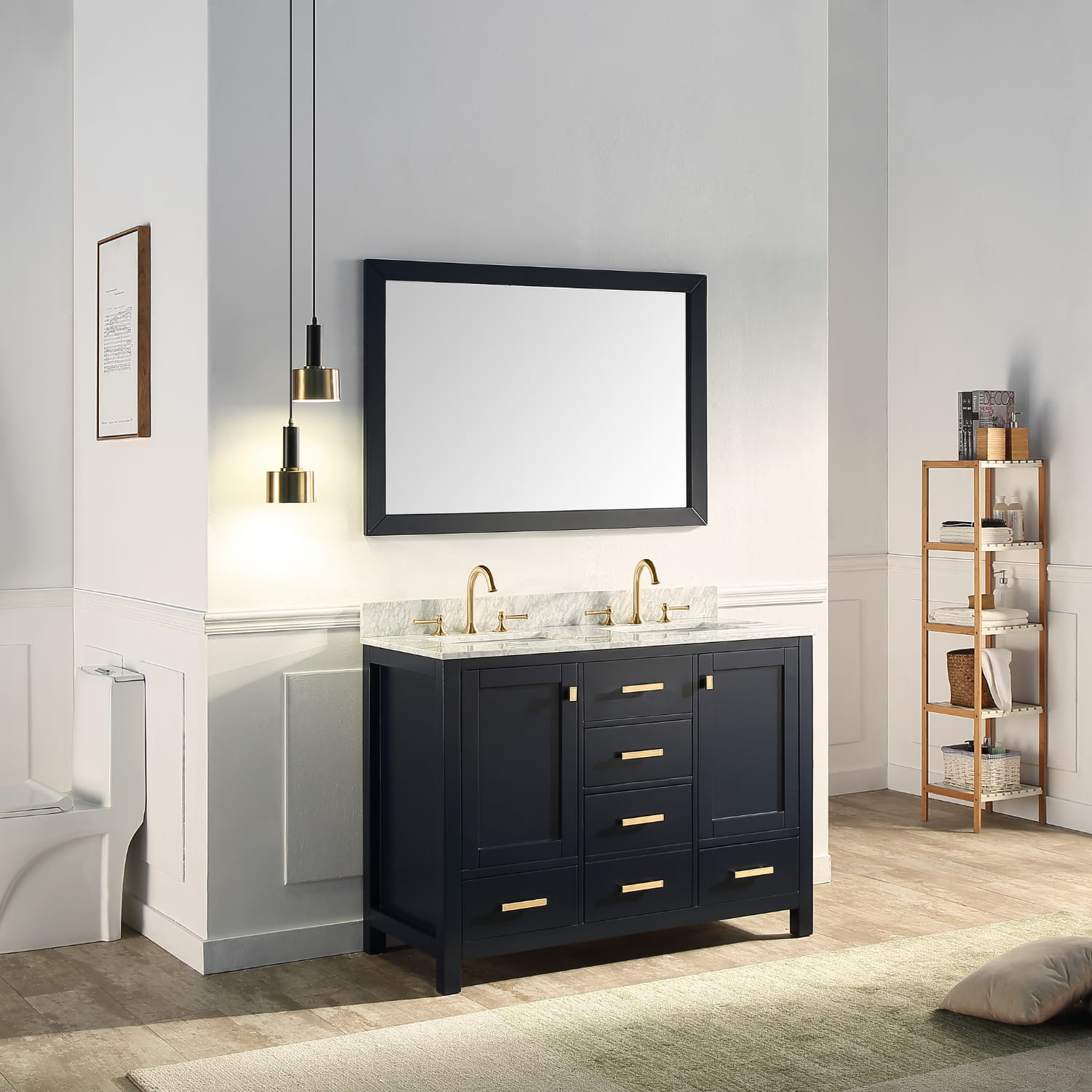 CASAINC 48 x 20 x 35.4 in. Two Sink Bathroom Vanity in Navy Blue with Mirror, With Carrara White Marble Countertop