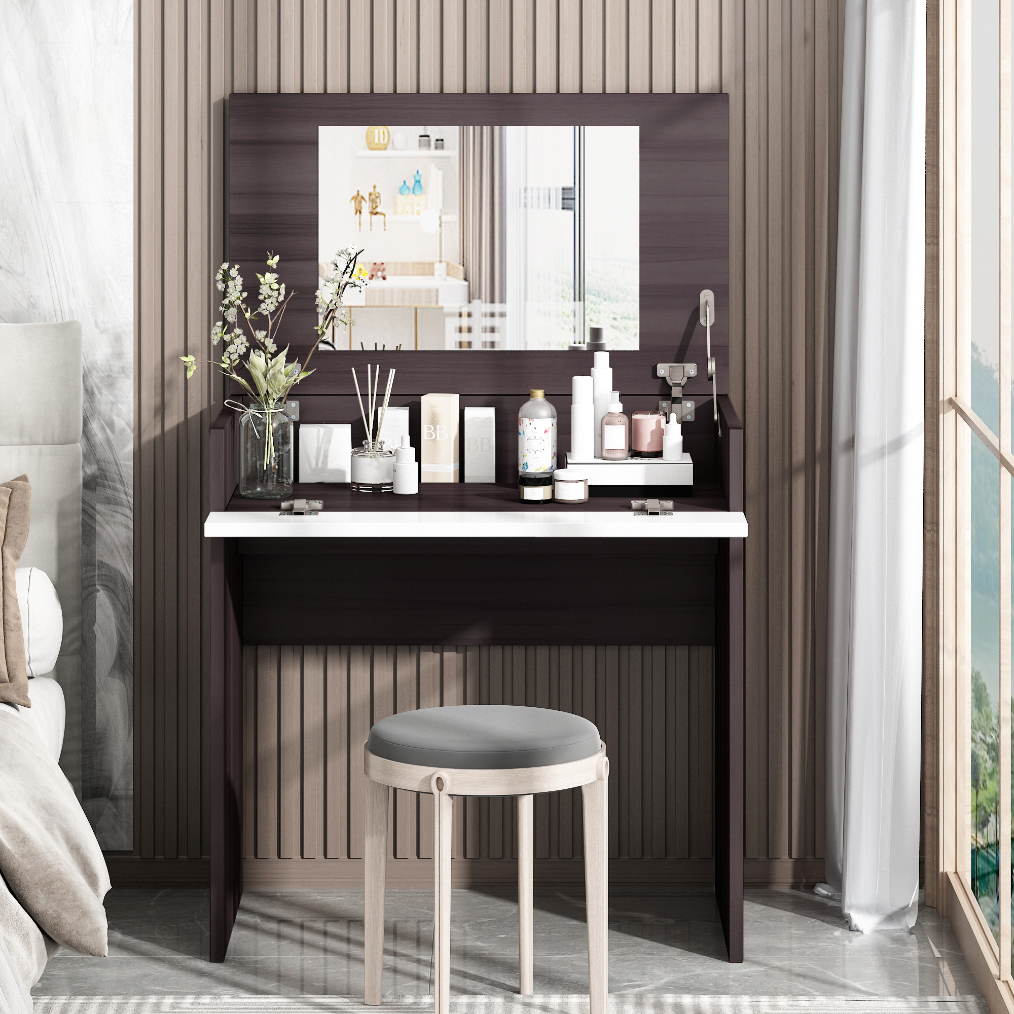 Vanity Make-up Dressing Table with Flip up Mirror Top Spacious Storage Vanity Table, Ebony and White-CASAINC