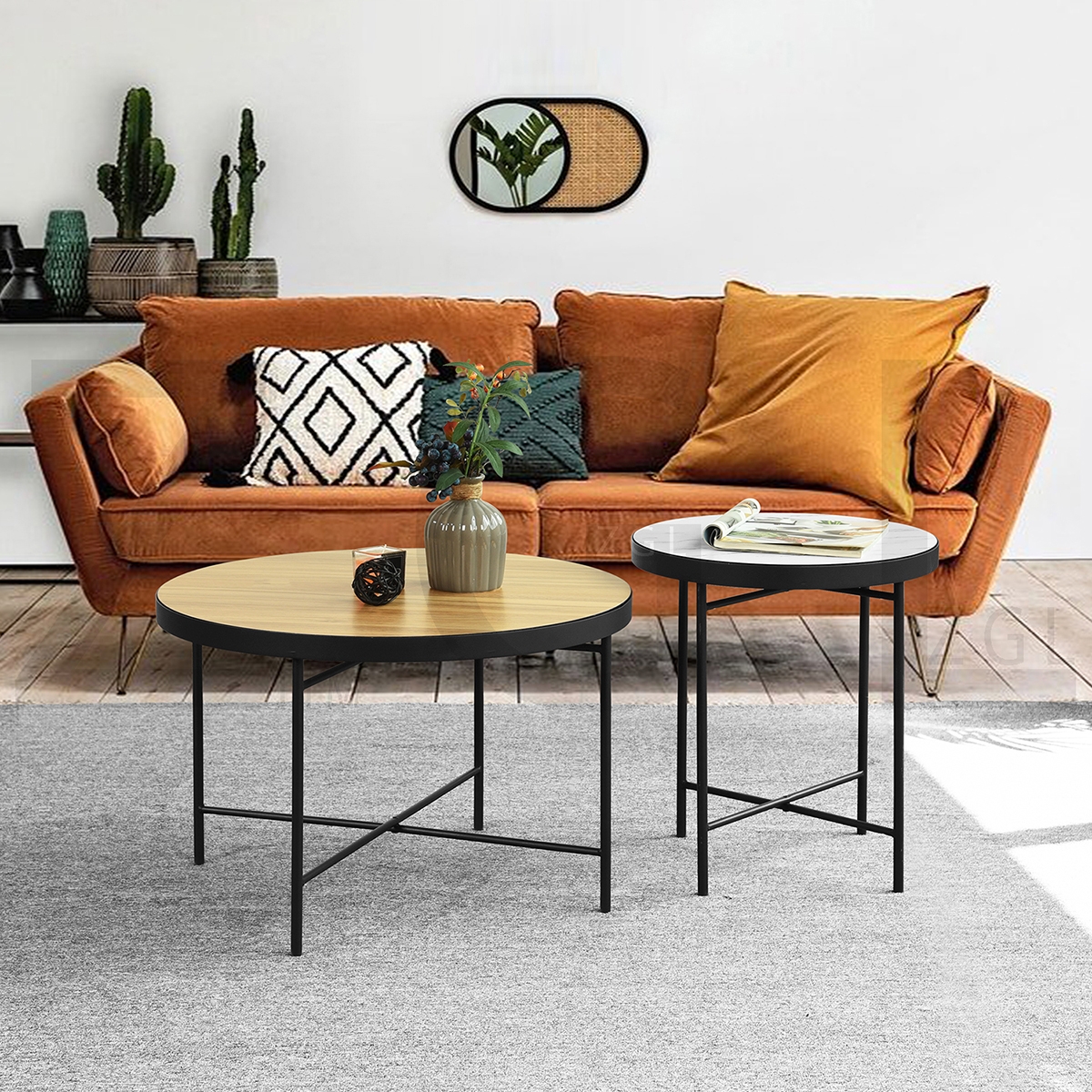 Set of 2 Round Side Table, Sofa End Table,Accent Table Round, Coffee Table Waterproof  for Living Room Bedroom, wood  marple