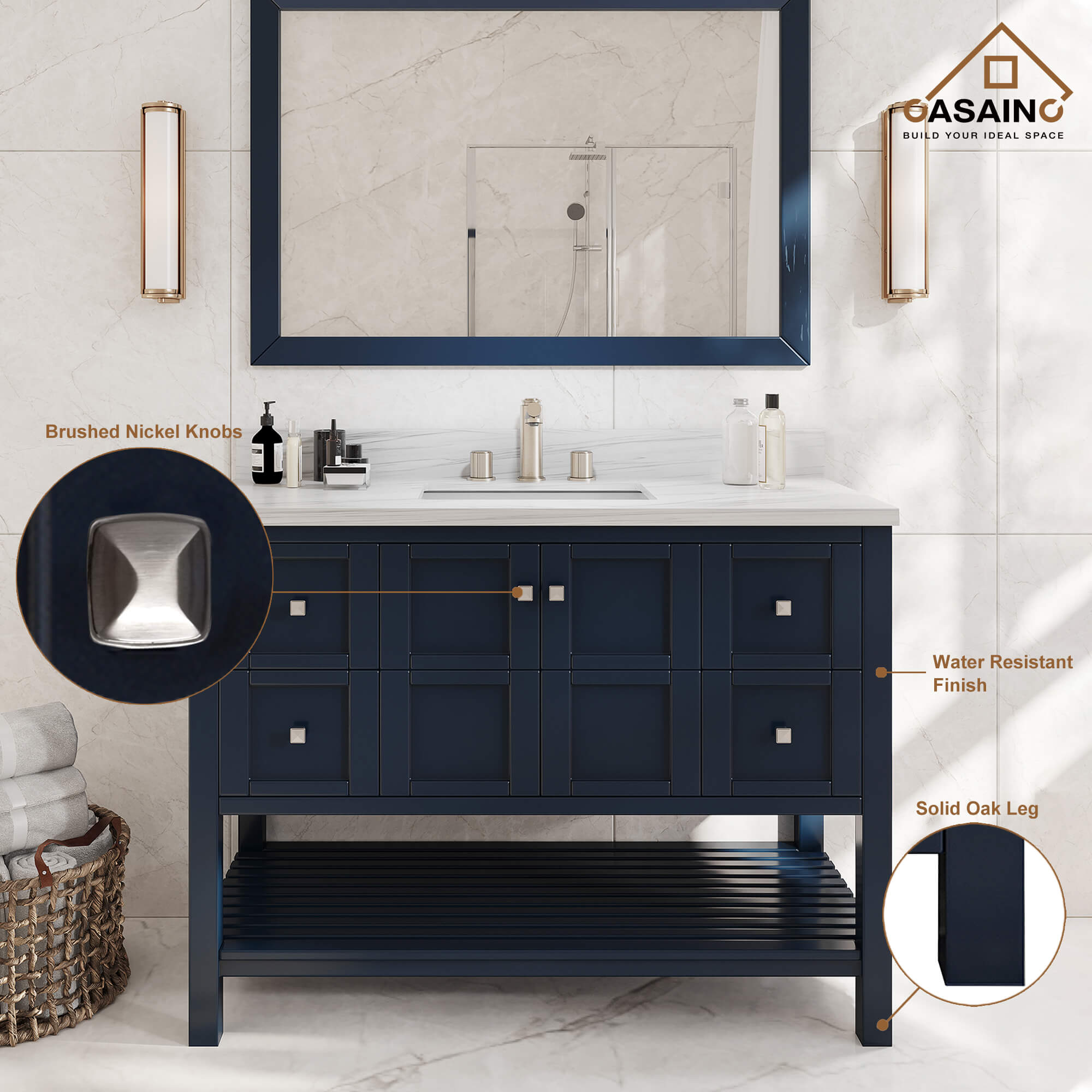 CASAINC 48 x 22 x 35.4 in. Solid Wood Navy Blue Bath Vanity with Carrara White Marble Countertop (No/With Mirror)