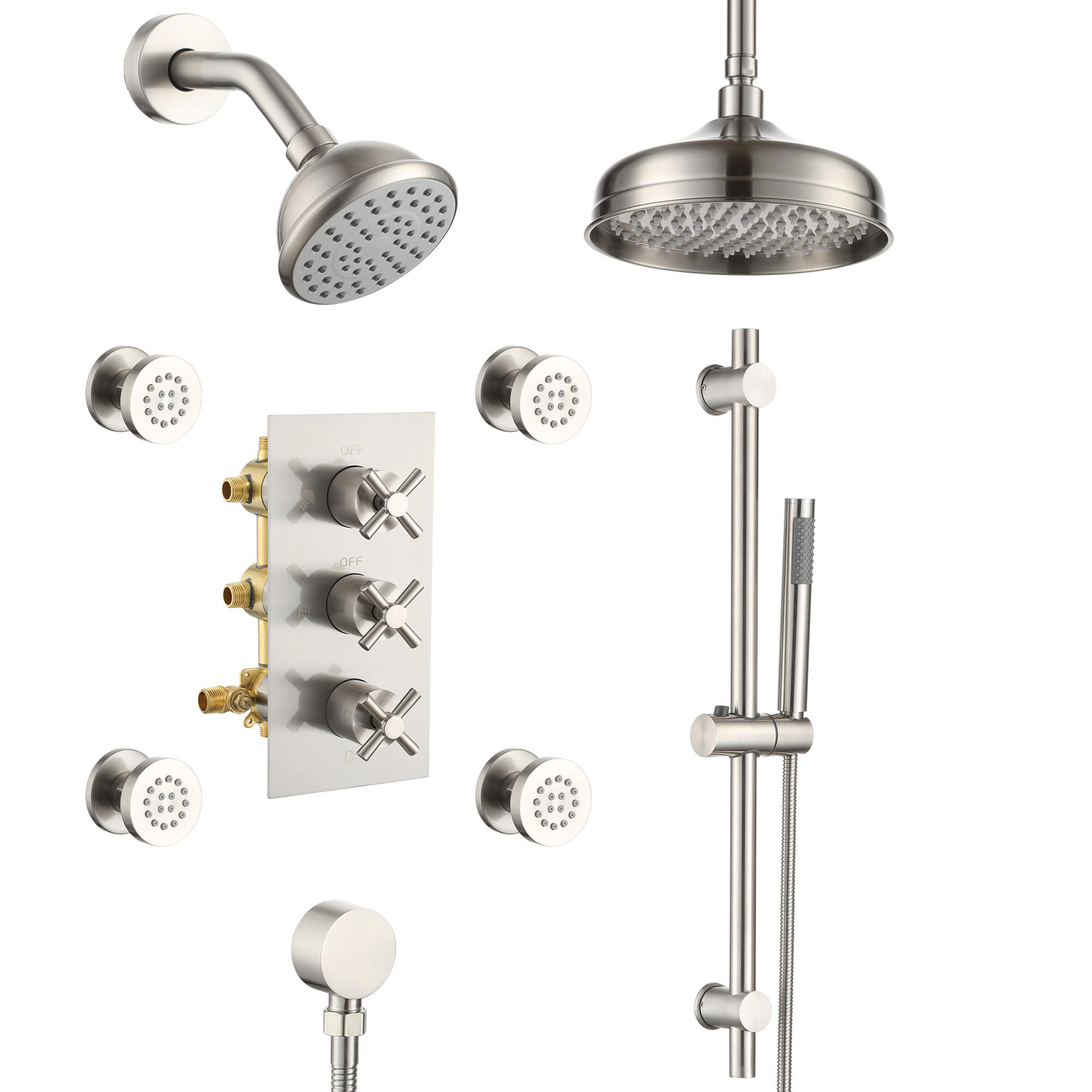 8" Luxury Shower System with Sliding Bar & Handheld Shower & 4 Body Sprays, brushed nickel rainfall shower heads, multi function solid brass pressure shower head