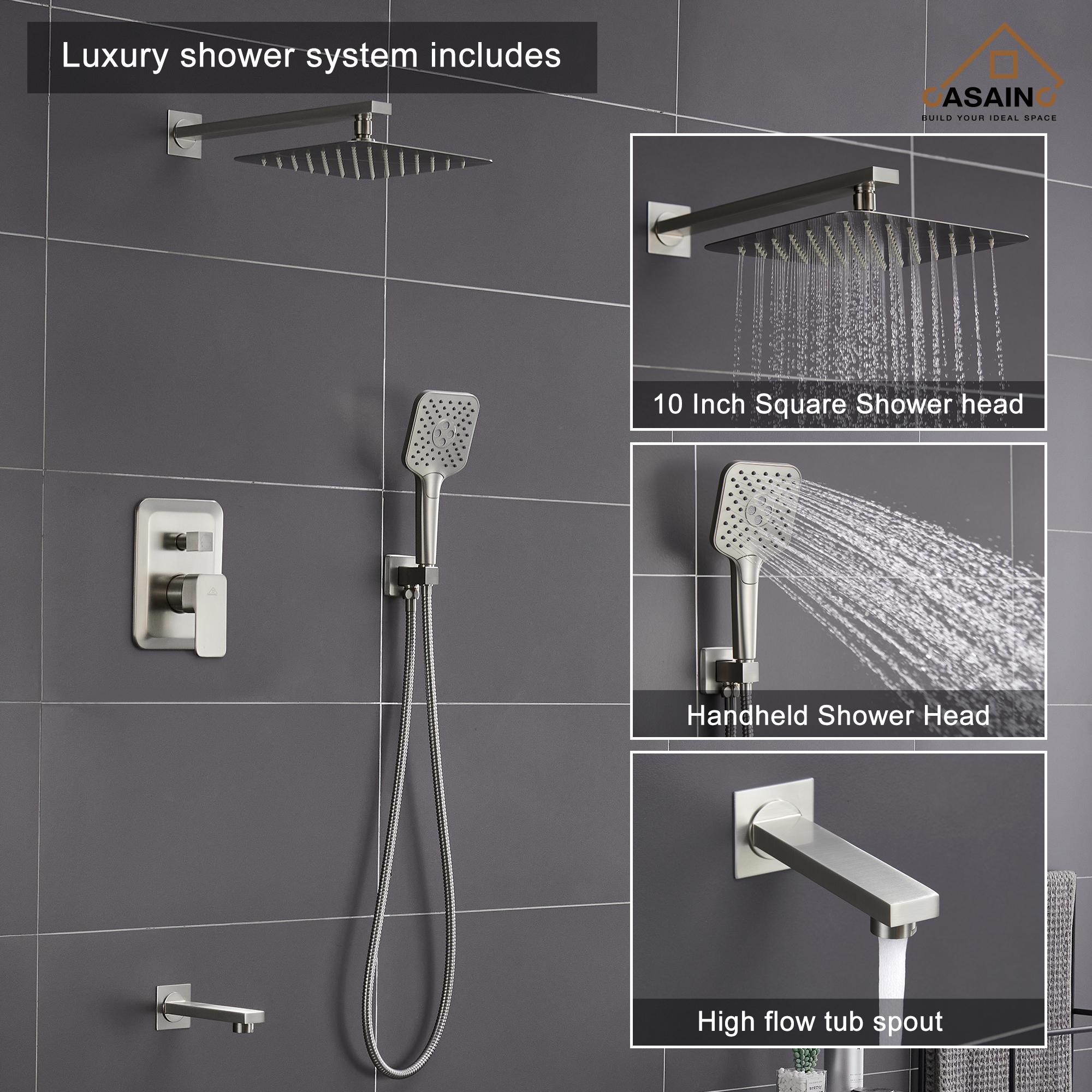 CASAINC 10 inch Square Wall-mounted rain shower faucet with pressure balanced valve