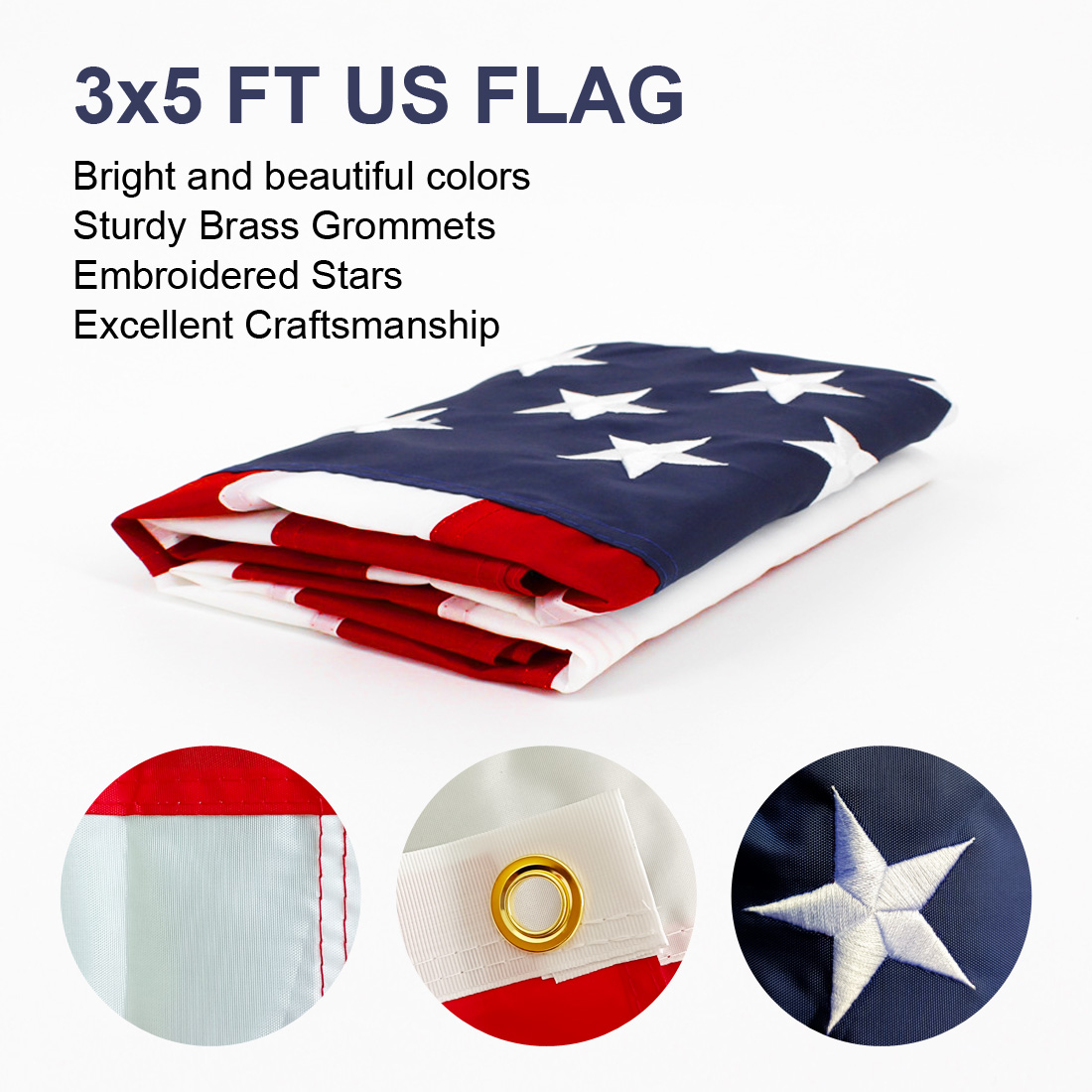 3x5 FT 210D Polyester American Flag, Embroidered Stars, Sewn Stripes, Brass Grommets US Flag Outdoor USA Flags-CASAINC