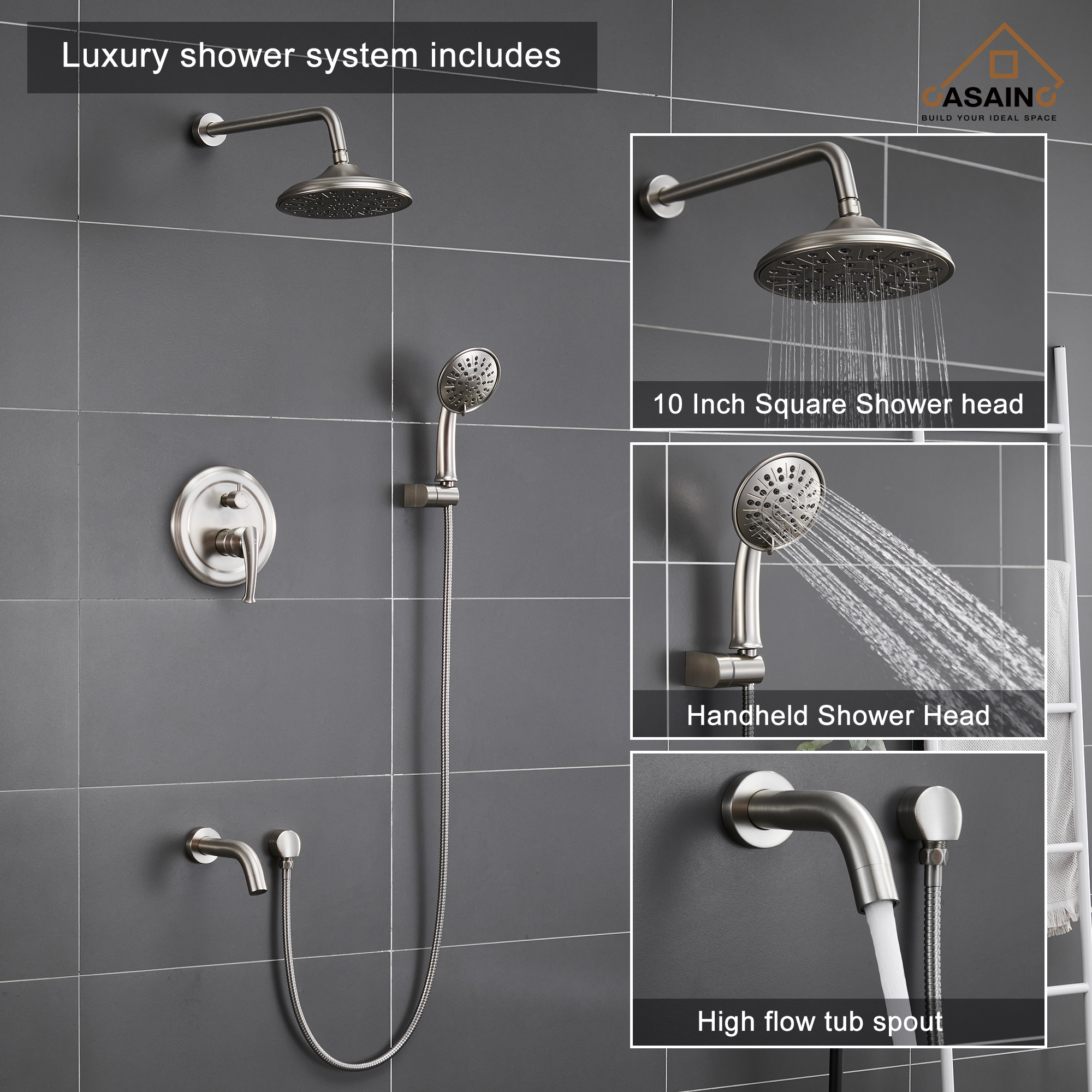 CASAINC 8.3 inch Wall-mounted rain shower faucet with pressure balanced valve