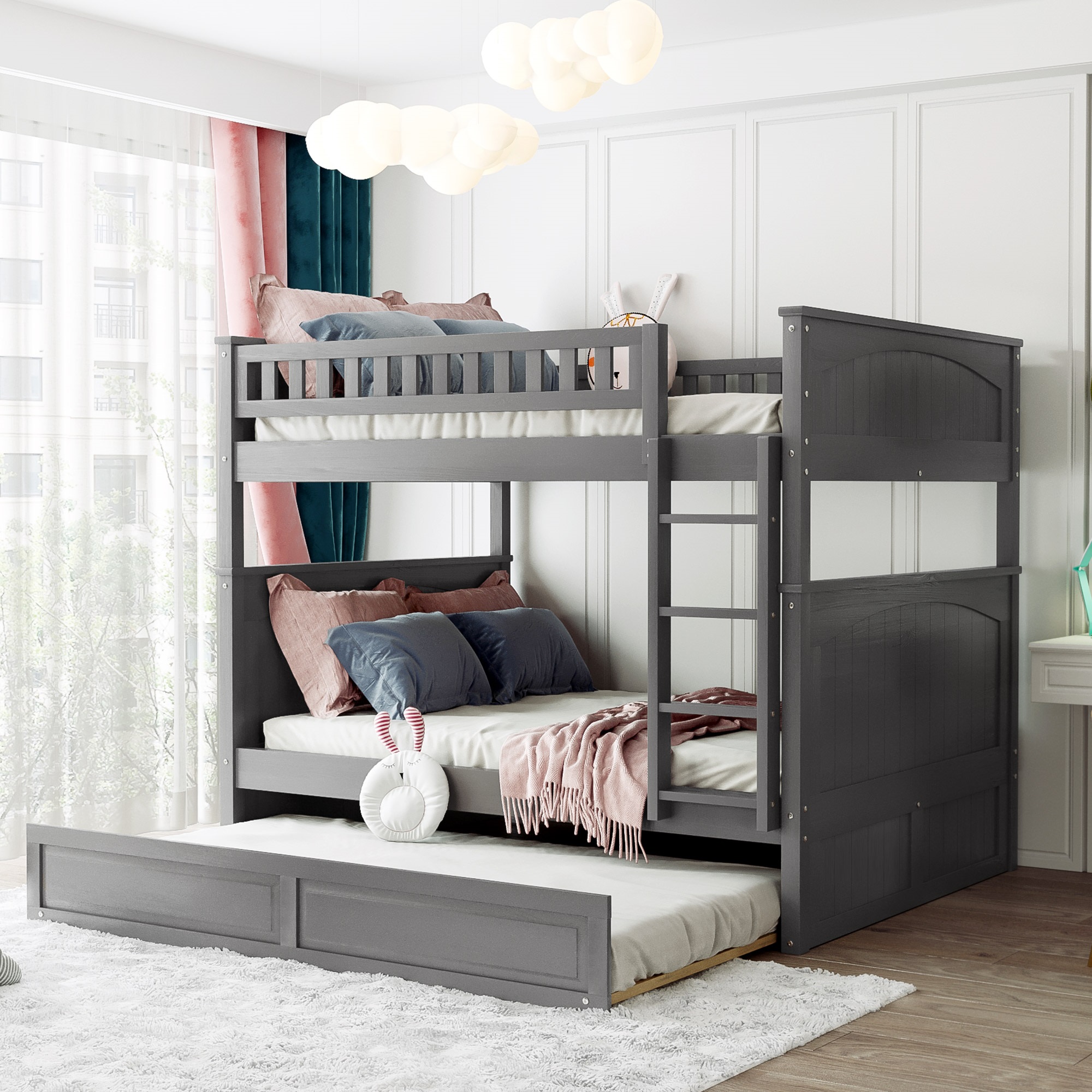 Full Over Full Bunk Bed with Twin Size Trundle, Pine Wood Bunk Bed with Guardrails, Brushed Gray(Old SKU：LP000044AAN)-CASAINC