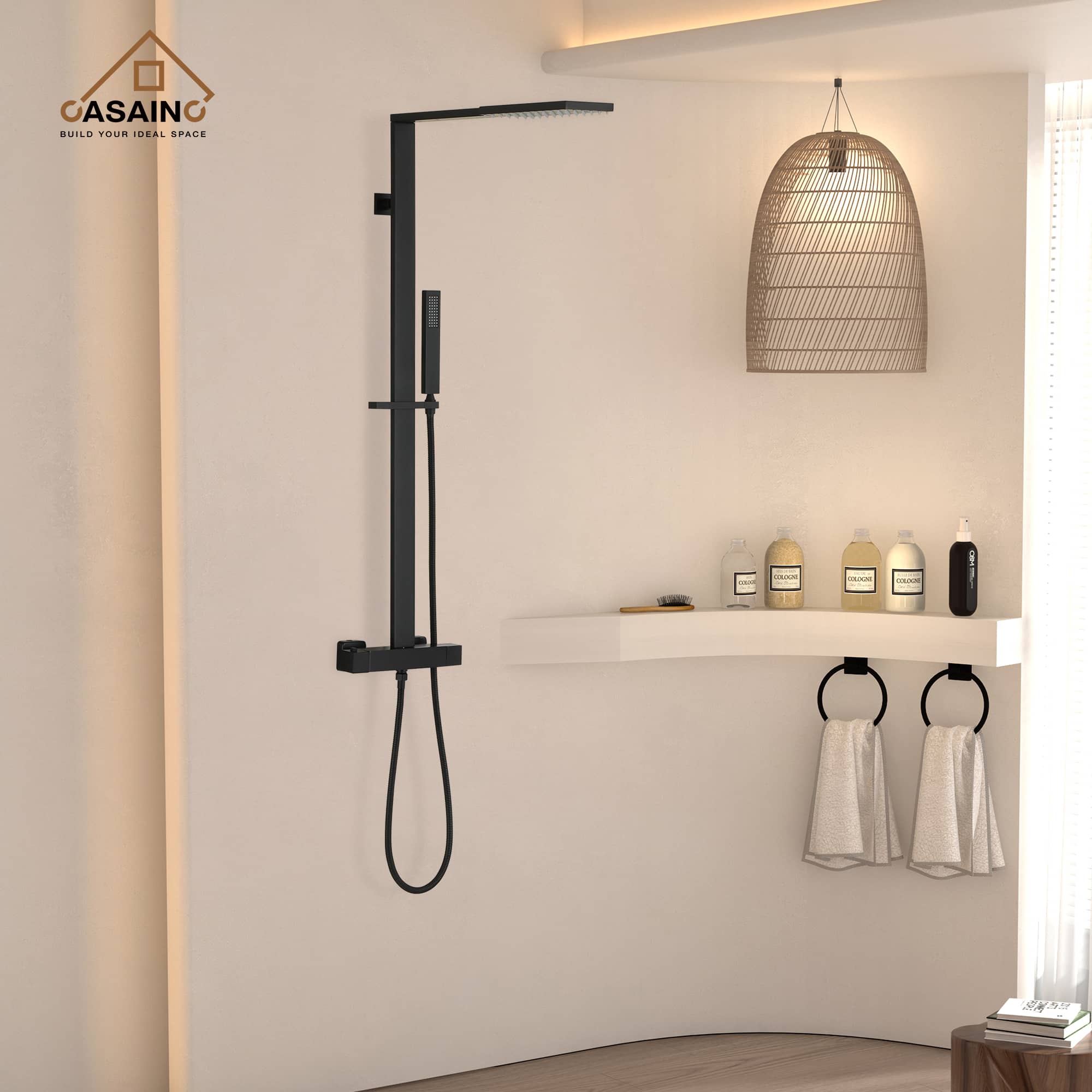 CASAINC Matte Black Shower System with Slide Bar and Rainfall Shower Head/Hand-Held Shower