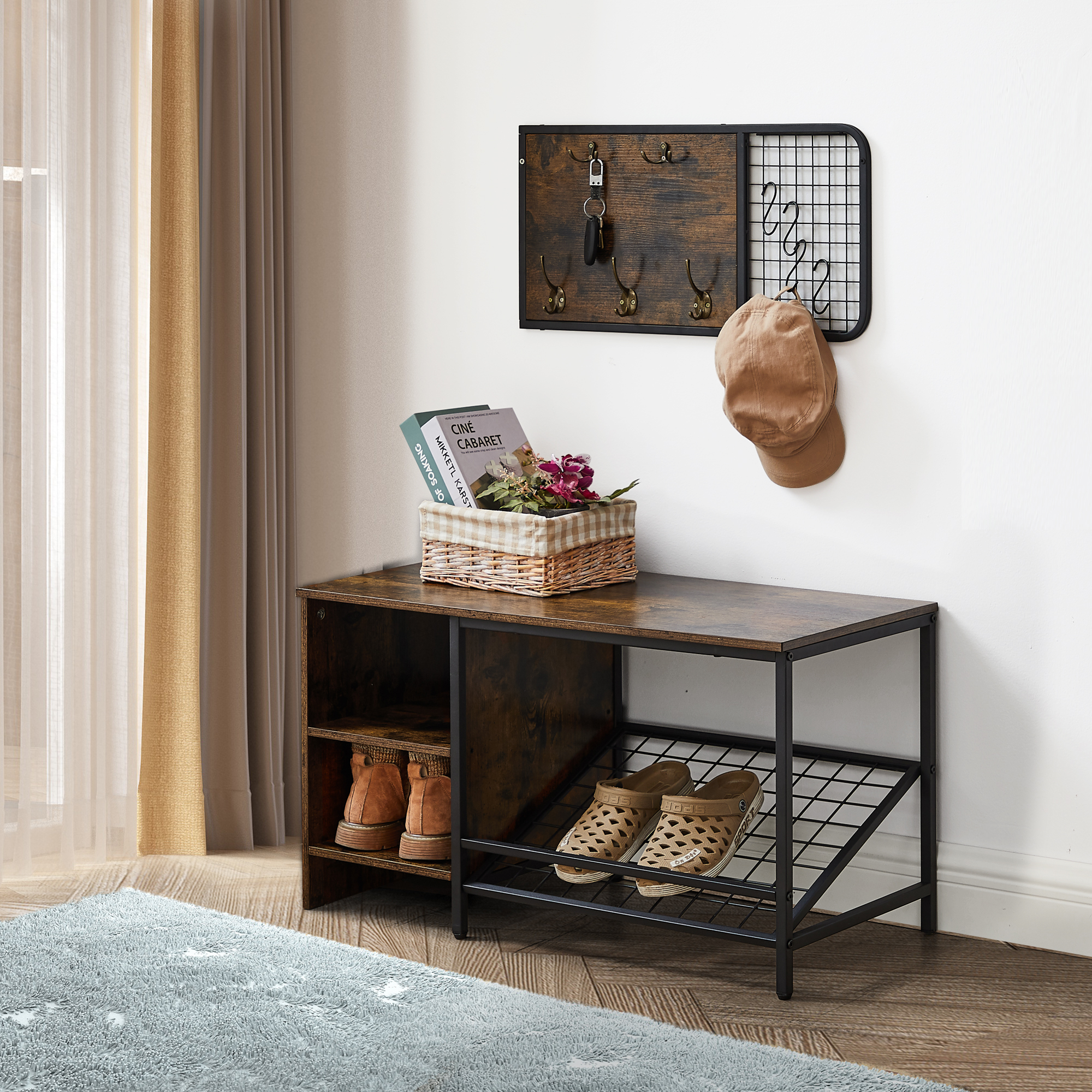 Shoe Bench with Coat Rack for Entryway,Entryway Shoe Rack with Coat Hooks