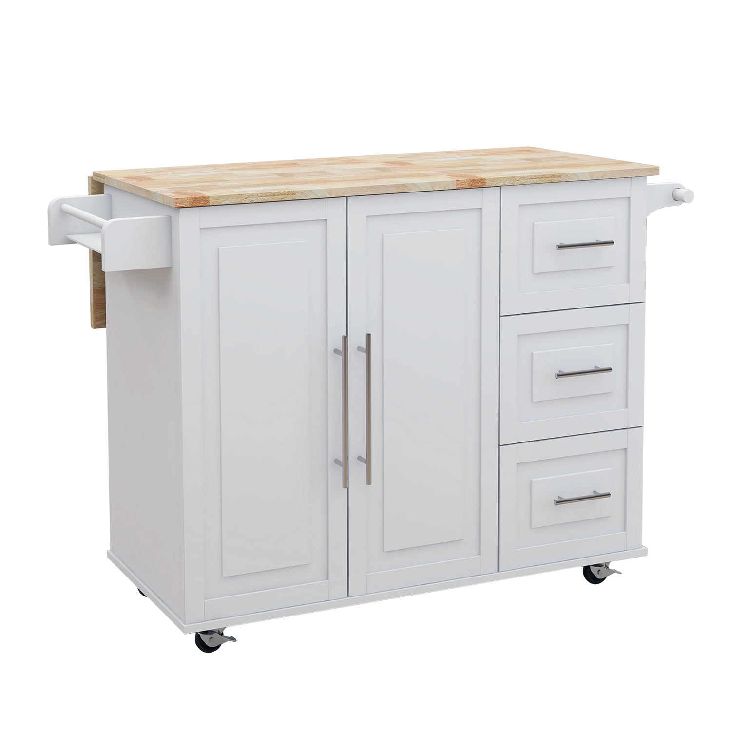 Kitchen Island with Spice Rack, Towel Rack and Extensible Solid Wood Table Top-White-CASAINC