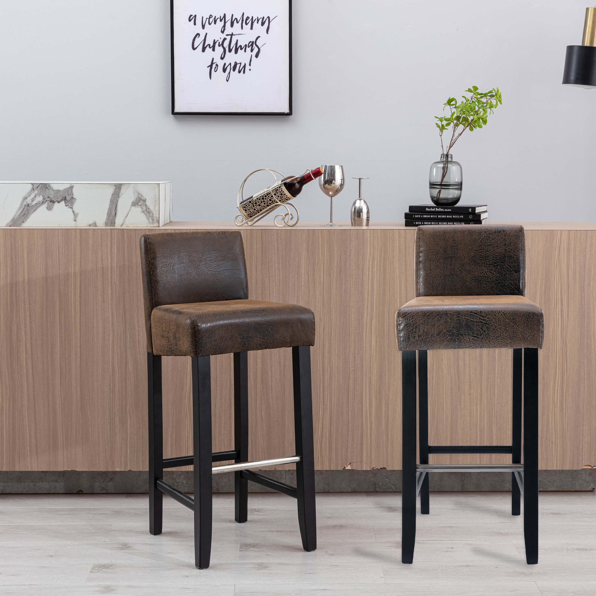 HengMing Barstool in Brown Fabric and Black Wood Finish WIth Back,2-Pcs Set-CASAINC