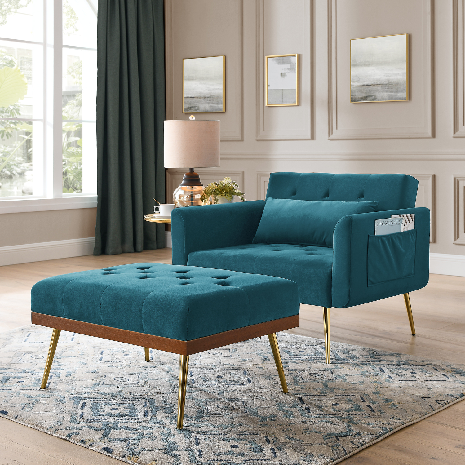 Recline Sofa Chair with Ottoman, Two Arm Pocket and Wood Frame include 1 Pillow, Teal (40.5&rdquo;x33&rdquo;x32&rdquo;)-CASAINC