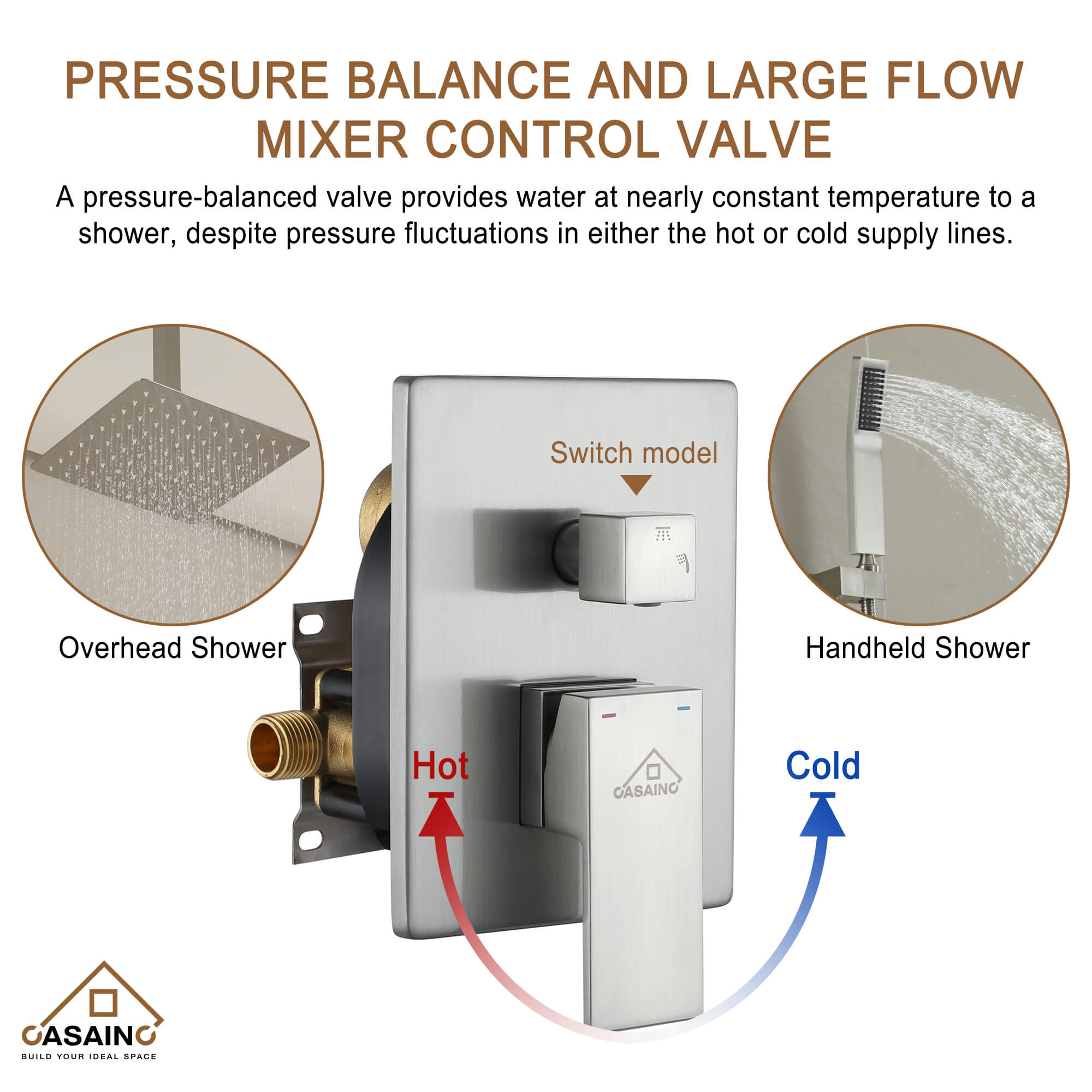 CASAINC 2-Function Shower System with Handheld Shower in Brushed Nickel/Matte Black