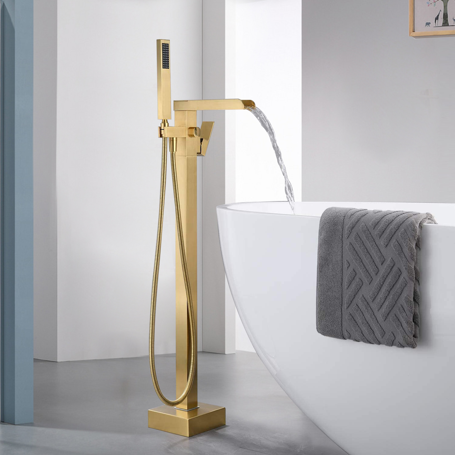 Single Handle Freestanding Waterfall Bathtub Faucet with Hand Held Shower -CASAINC