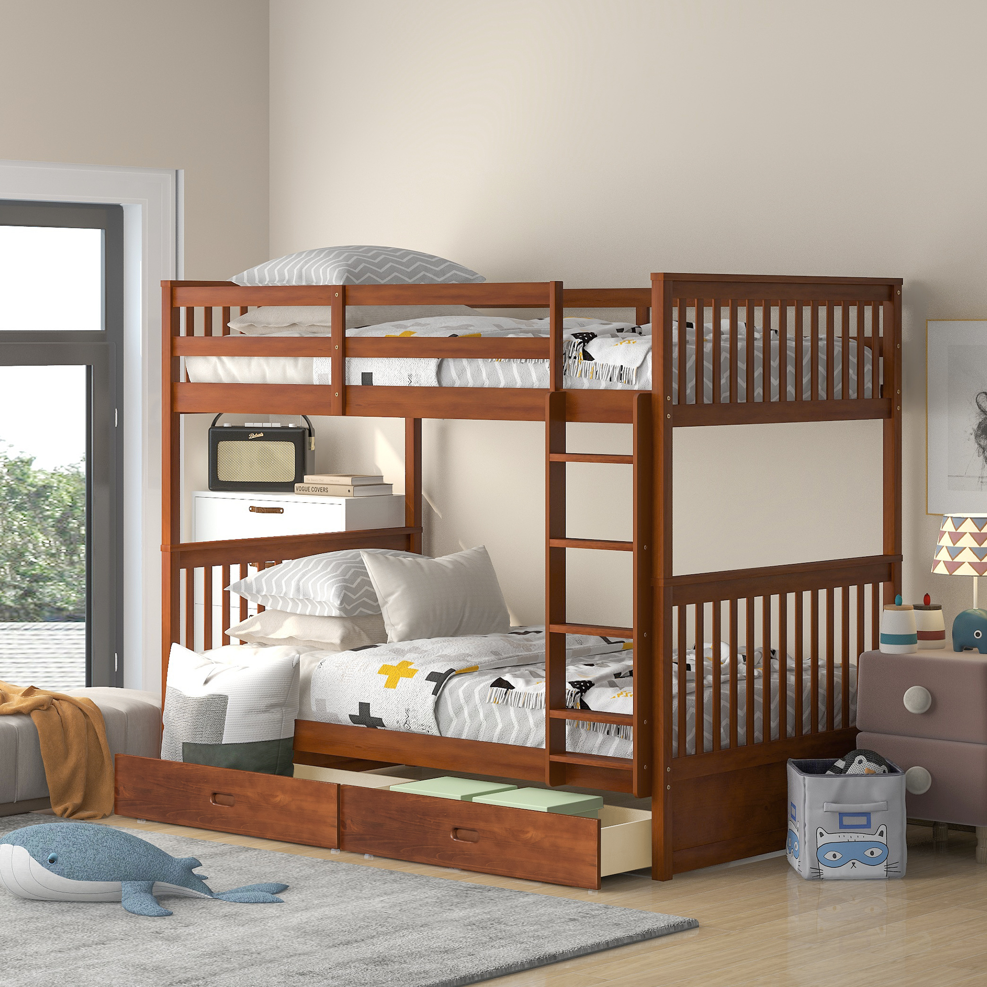 Twin-Over-Twin Bunk Bed with Ladders and Two Storage Drawers (Walnut)-CASAINC