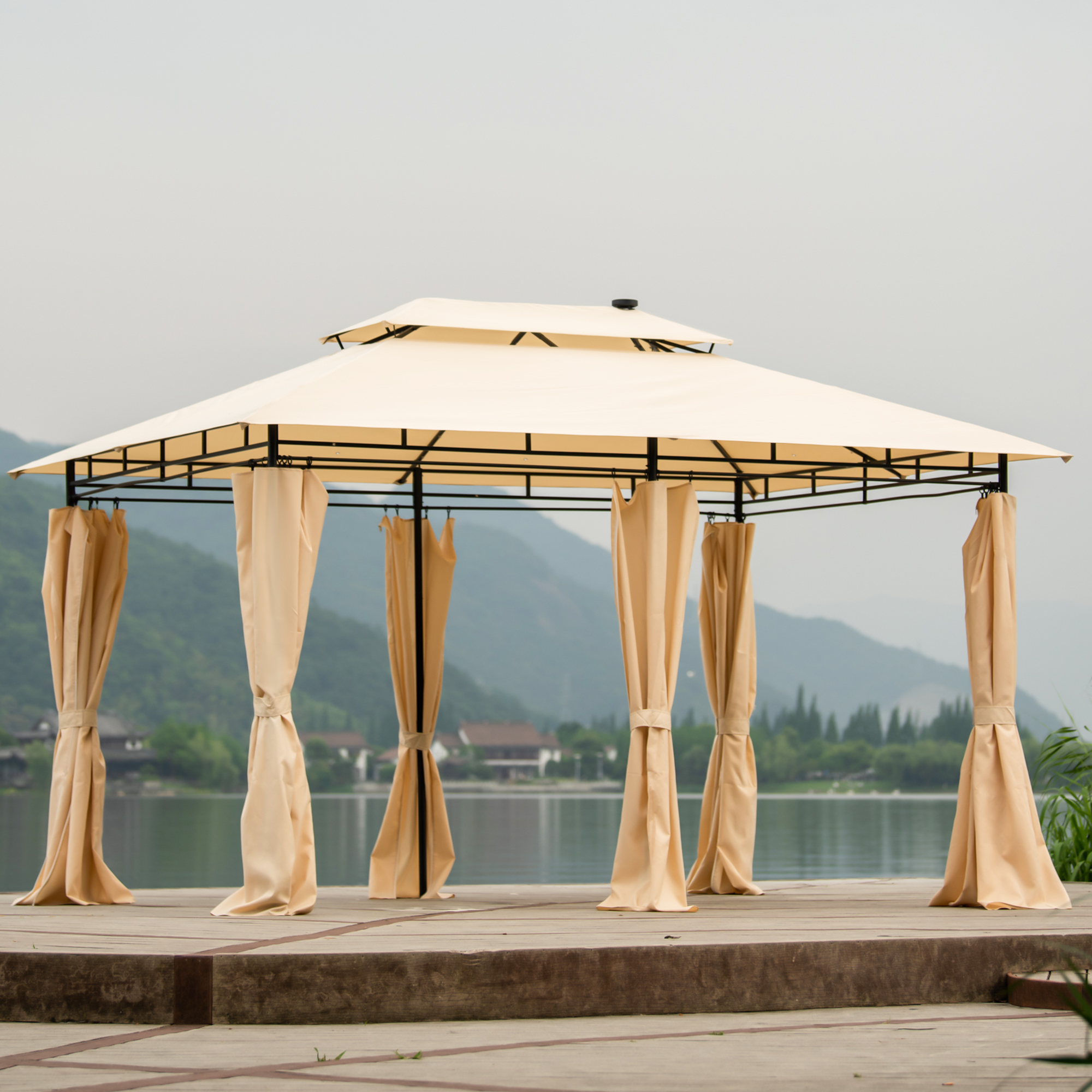 [VIDEO provided] U-style Outdoor Gazebo Steel Fabric Rectangle Soft Top Gazebo，Outdoor Patio Dome Gazebo with Removable Curtains-CASAINC