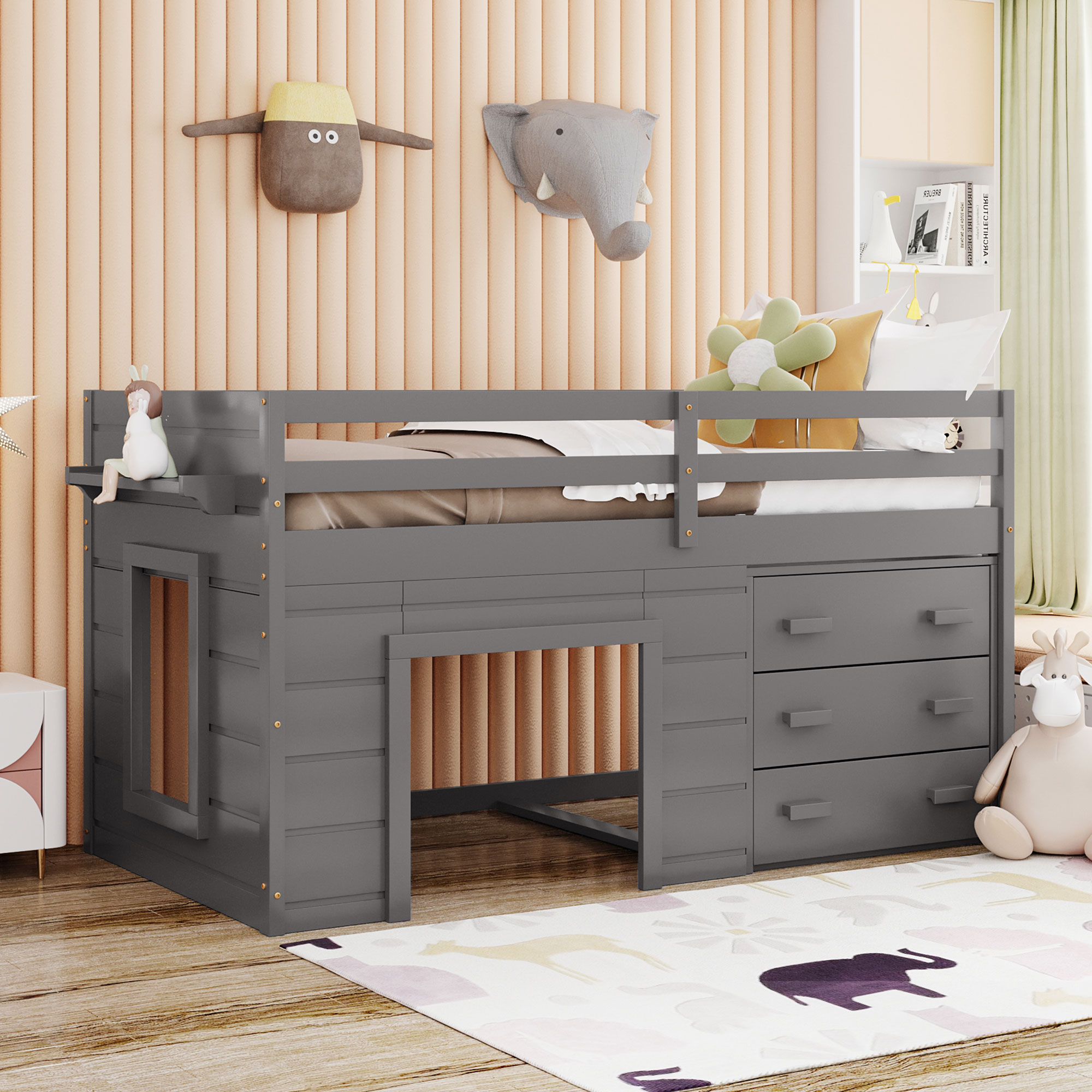 Twin Size Loft Bed with Cabinet and Shelf Gray