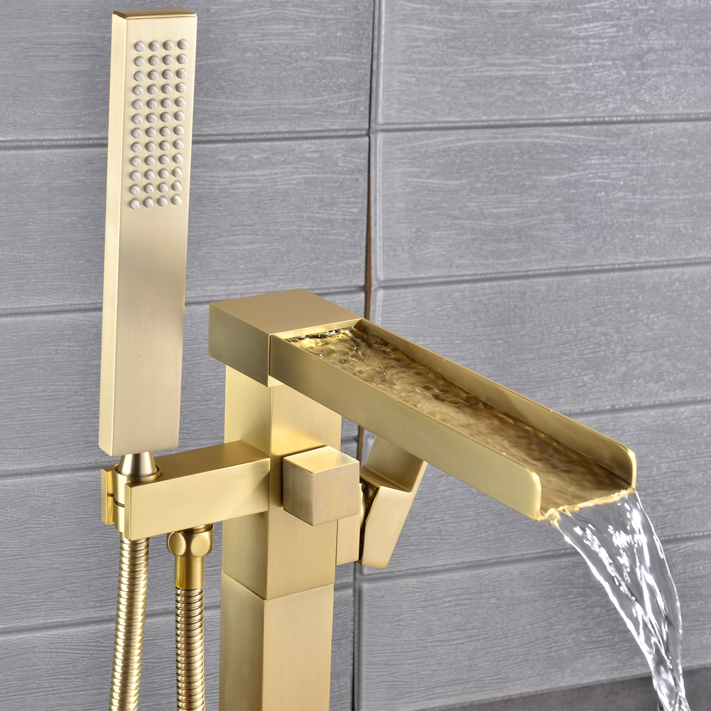 Casainc Freestanding 1-Handle Waterfall Bathtub Faucet with Handheld Shower (Brushed Gold)-CASAINC