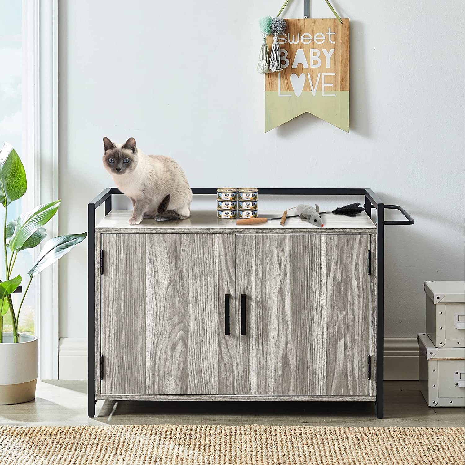 Hidden Cat Litter Box Furniture with Ventilation and Bench Seat, Pet Crate with Iron and Wood Sturdy Structure