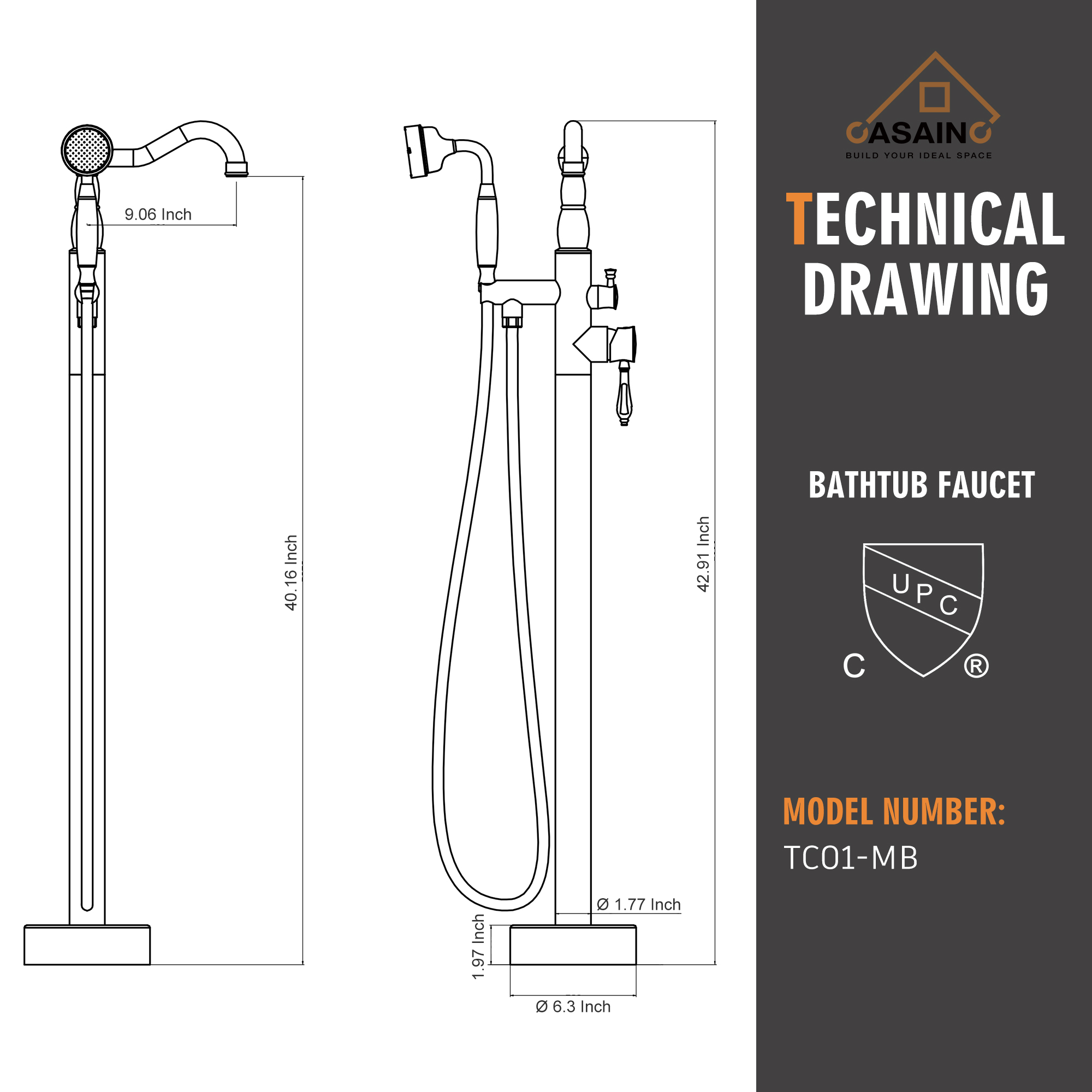 CASAINC Single Handle Classical Freestanding Bathtub Faucet with Hand Shower Hand