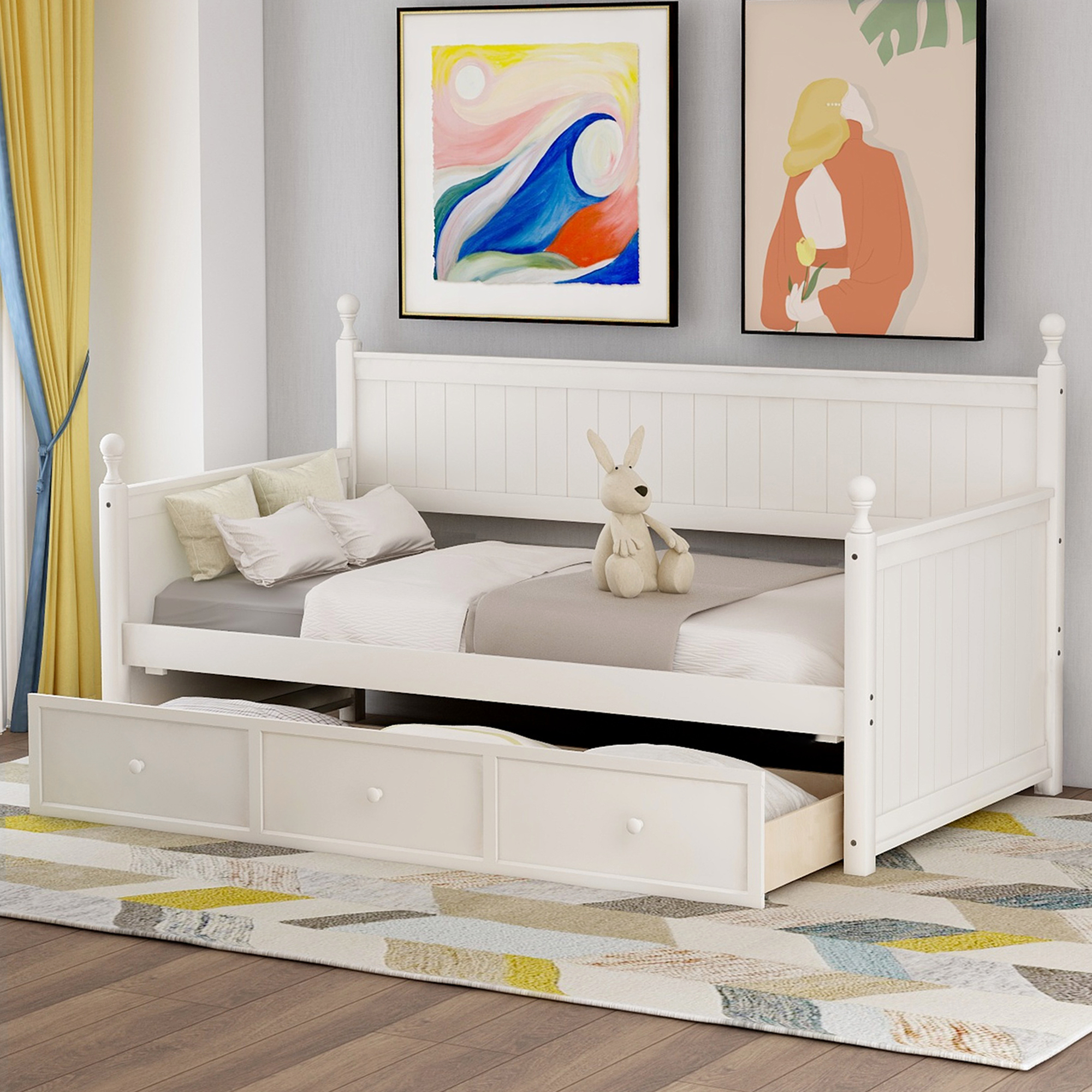 Wood Daybed with Three Drawers ,Twin Size Daybed,No Box Spring Needed ,White-CASAINC