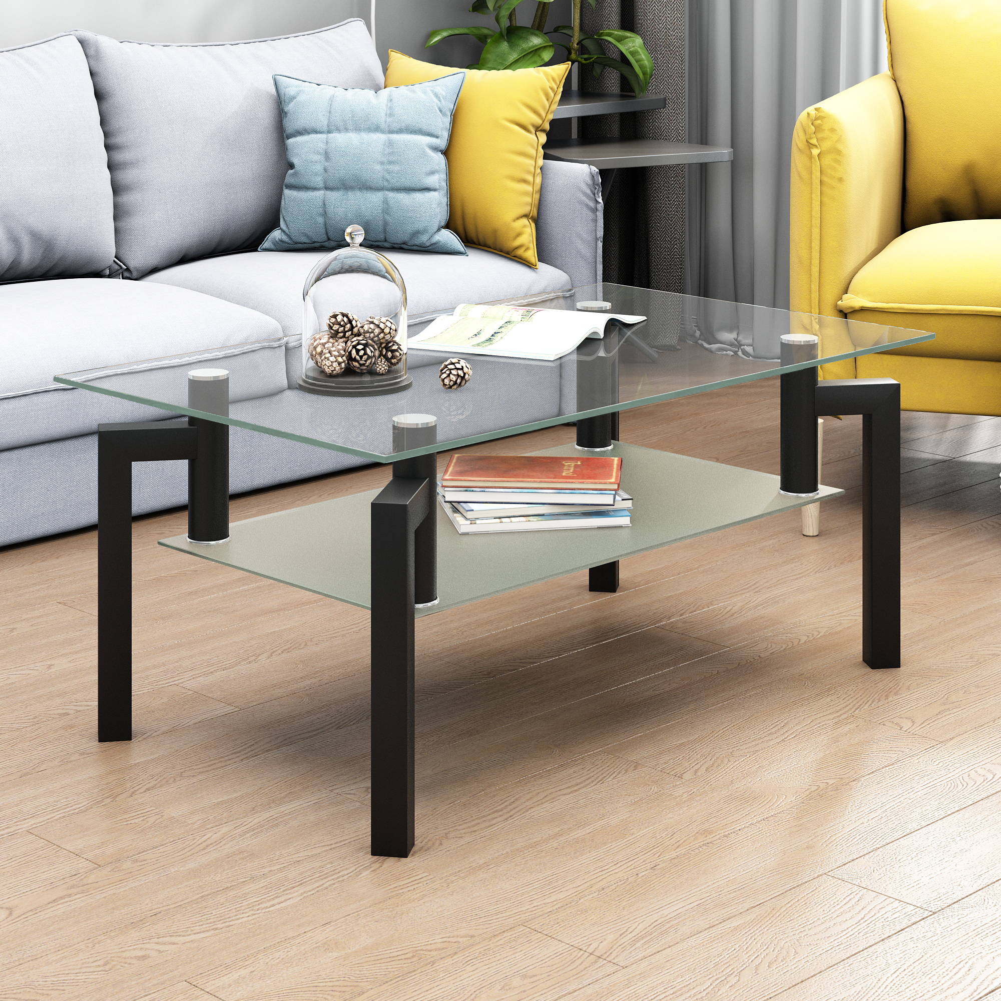 Rectangle Black Glass Coffee Table, Clear Coffee Table，Modern Side Center Tables for Living Room， Living Room Furniture-CASAINC