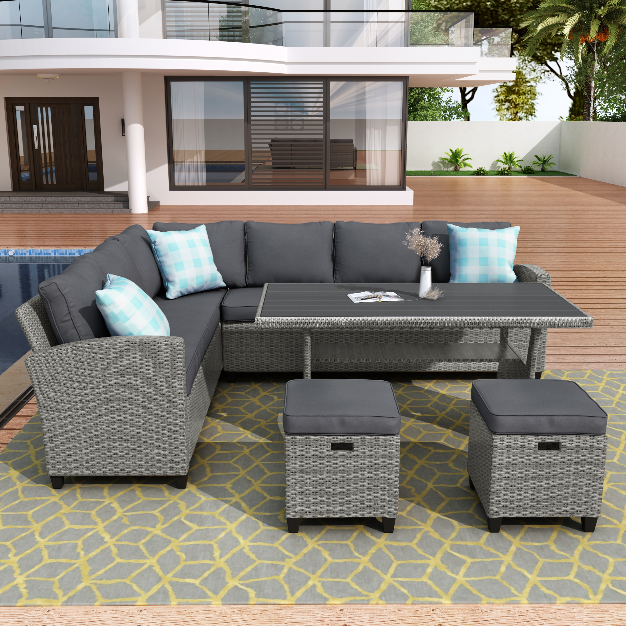 U_STYLE Patio Furniture Set, 5 Piece Outdoor Conversation Set,  Dining Table Chair with Ottoman and Throw Pillows-CASAINC