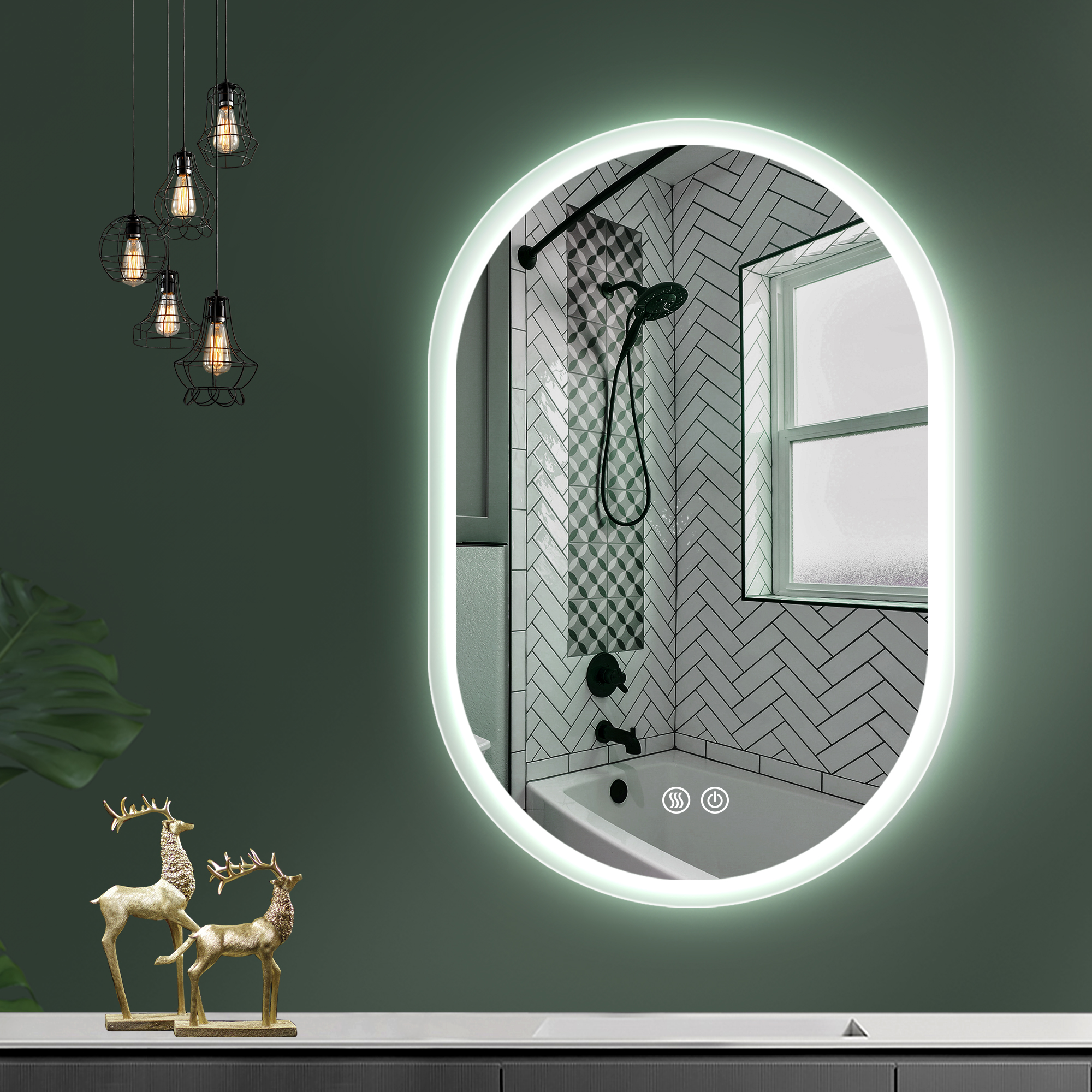 36X24 Inch Bathroom Mirror with Lights, Anti Fog Dimmable LED Mirror for Wall Touch Control, Frameless Oval Smart Vanity Mirror Vertical Hanging-CASAINC