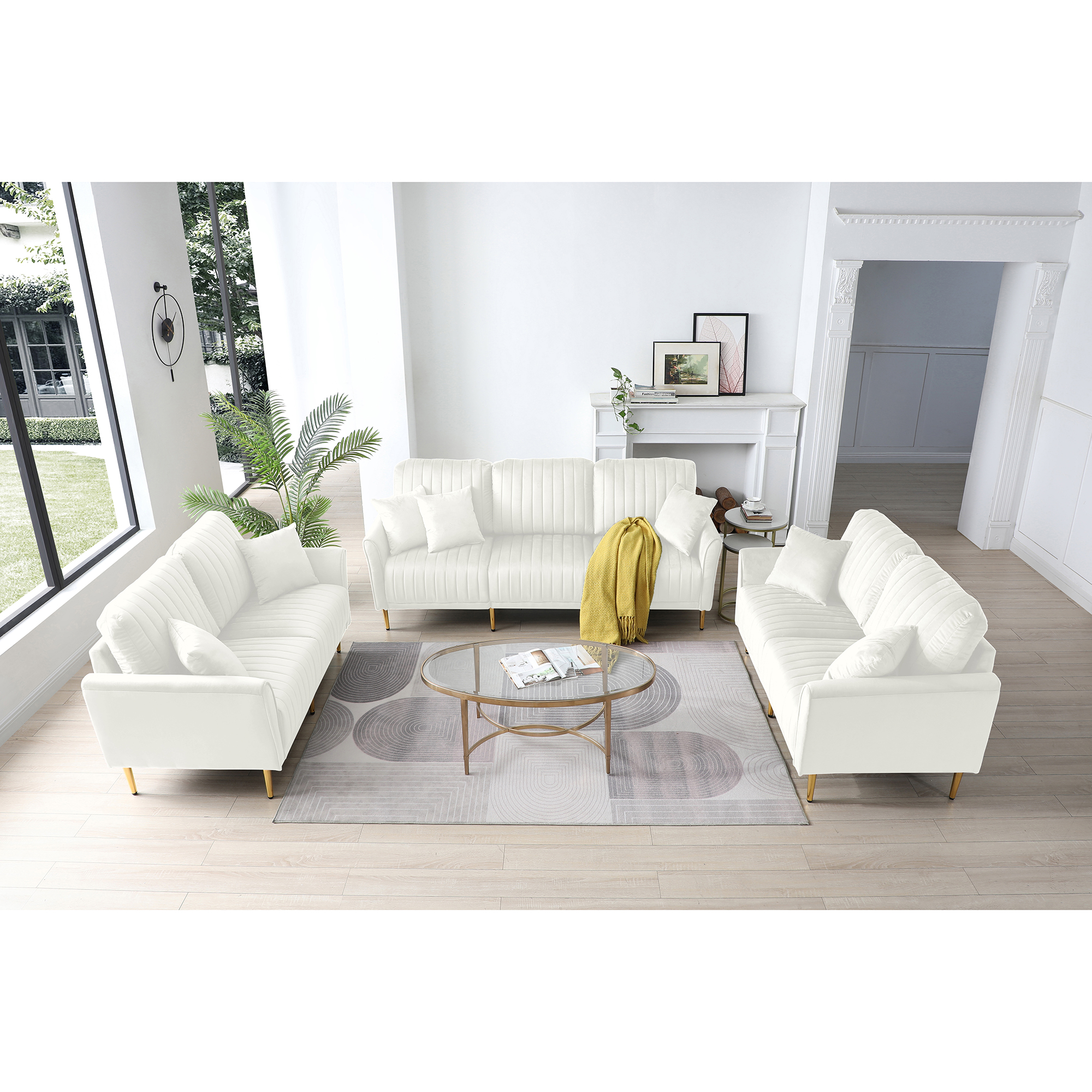 Modern Upholstered Sofa 3 Seater Couches and 2 Set of 2 Seater Couchses for Living Room Sectional Sofas w/throw Pillows and Gold Metal Legs, Cream Velvet