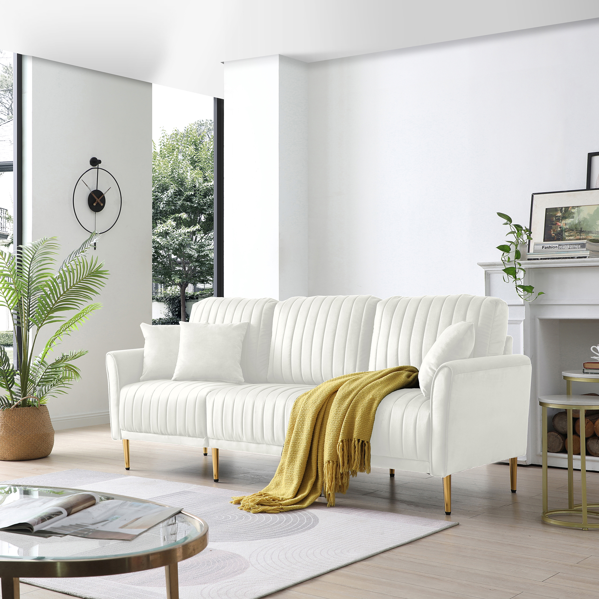 Contemporary Velvet Upholstered 3 Seater Sofa with Deep Channel Tufting and Gold Metal Legs, Cream