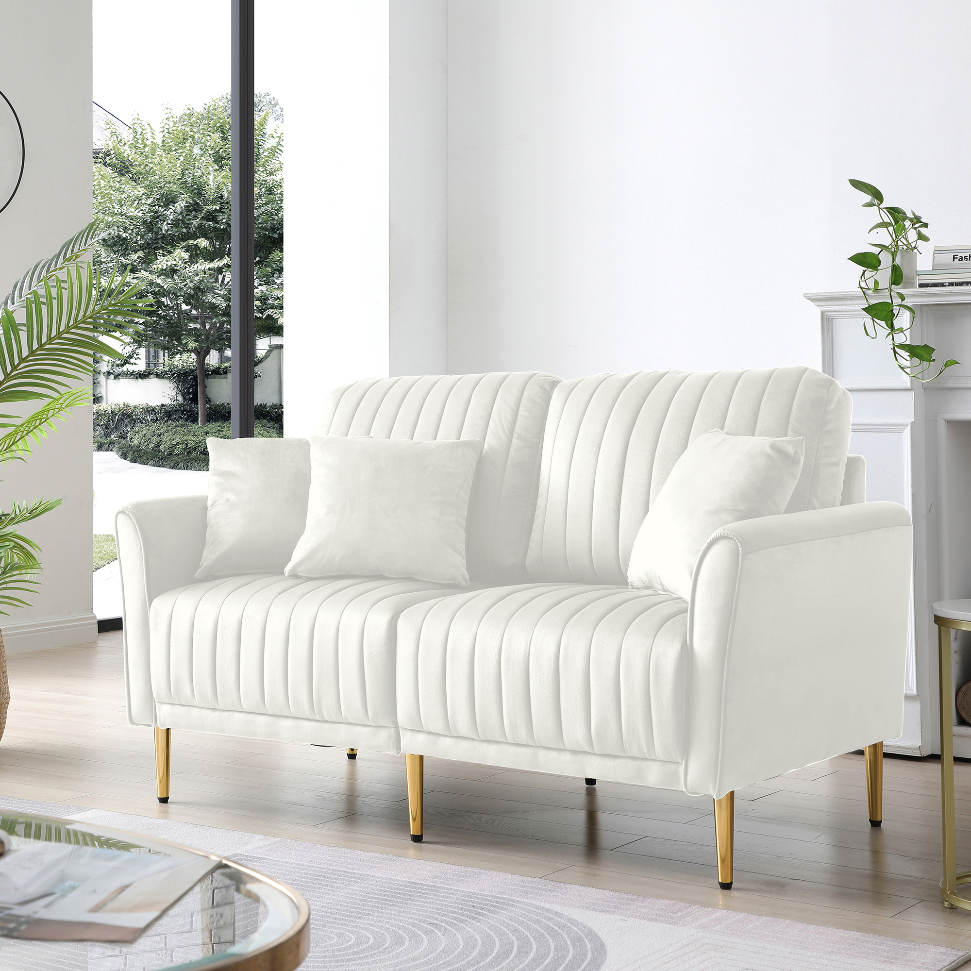 Cream White 2 Seater Loveseat Sofa Couch w/Pillows and Metal Legs, Upholstered Modern Love Seats Furniture for Bedroom, Office, Small Space, Apartment