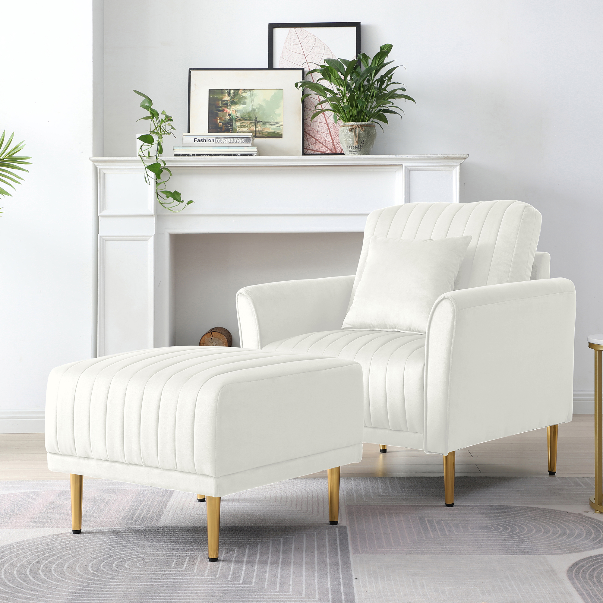 Contemporary Velvet Upholstered Accent Chair and Ottoman Set with Deep Channel Tufting,Cream