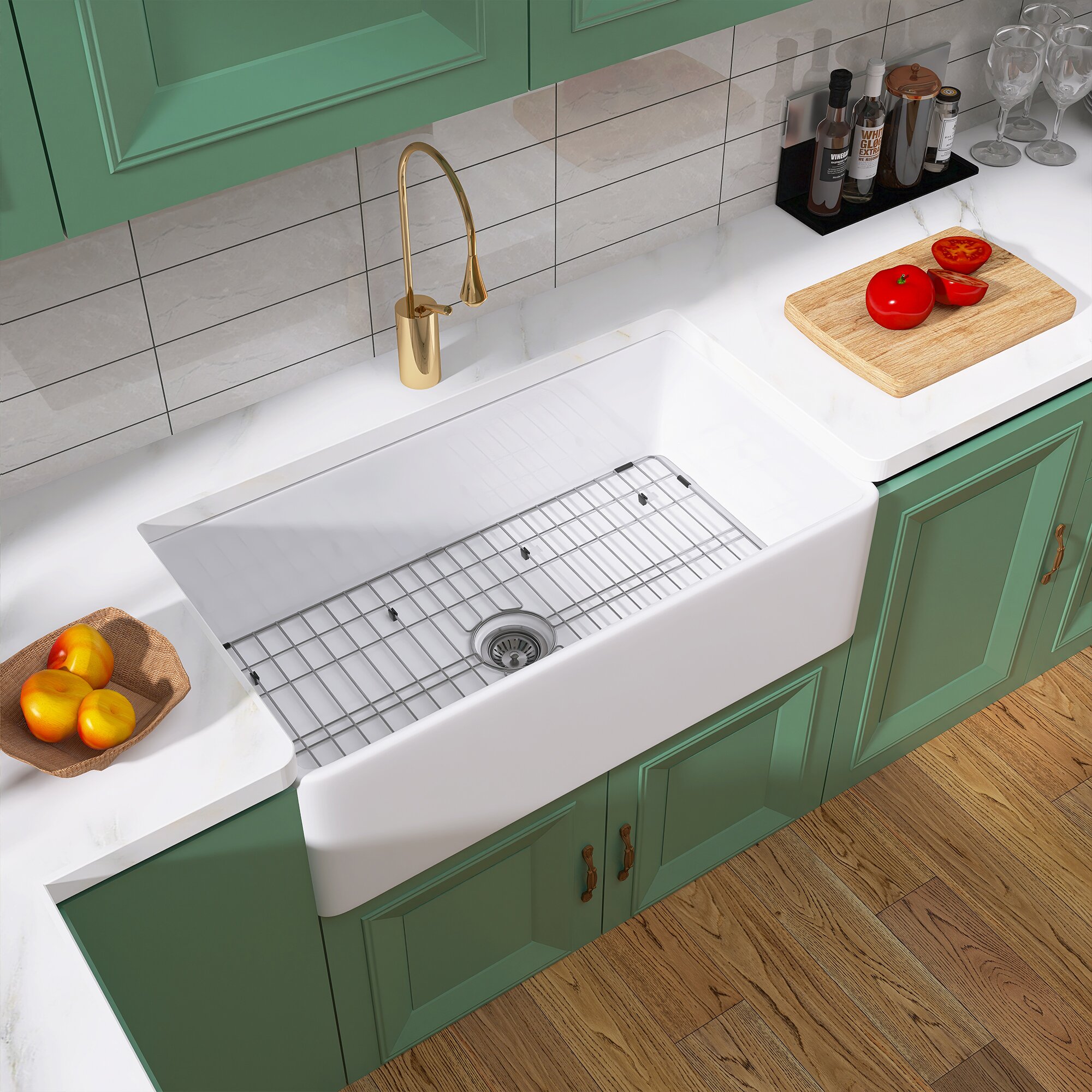 36 Inch Fireclay Farmhouse Kitchen Sink White Single Bowl Apron Front Kitchen Sink, Bottom Grid and Kitchen Sink Drain Included-CASAINC