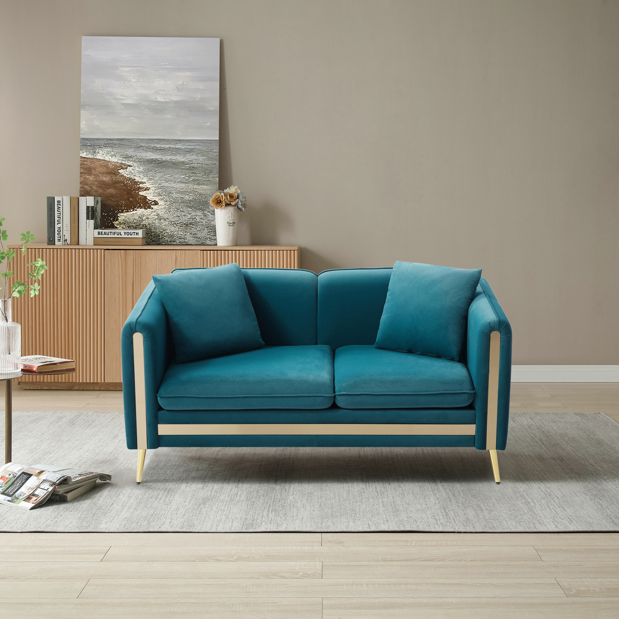 59&rdquo; Modern Upholstered Velvet Loveseat Sofa 2 Seater Couch with Removable Cushions Side Pocket Mid-Century Tufted Living Room Set Gold Metal Legs,2 Pillows Included,Teal-CASAINC