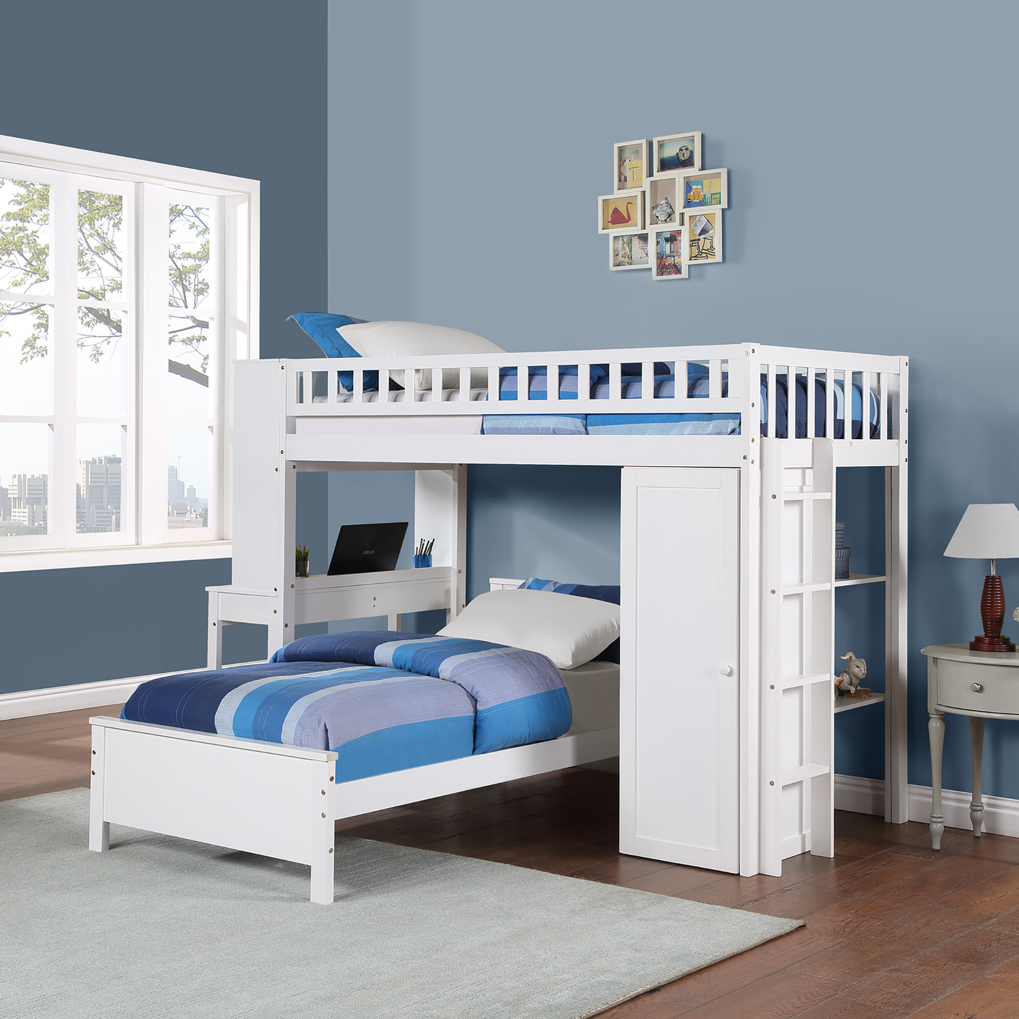 Twin Size Loft Bed with Closet and Desk, Extra Bottom Twin Bed, White-CASAINC